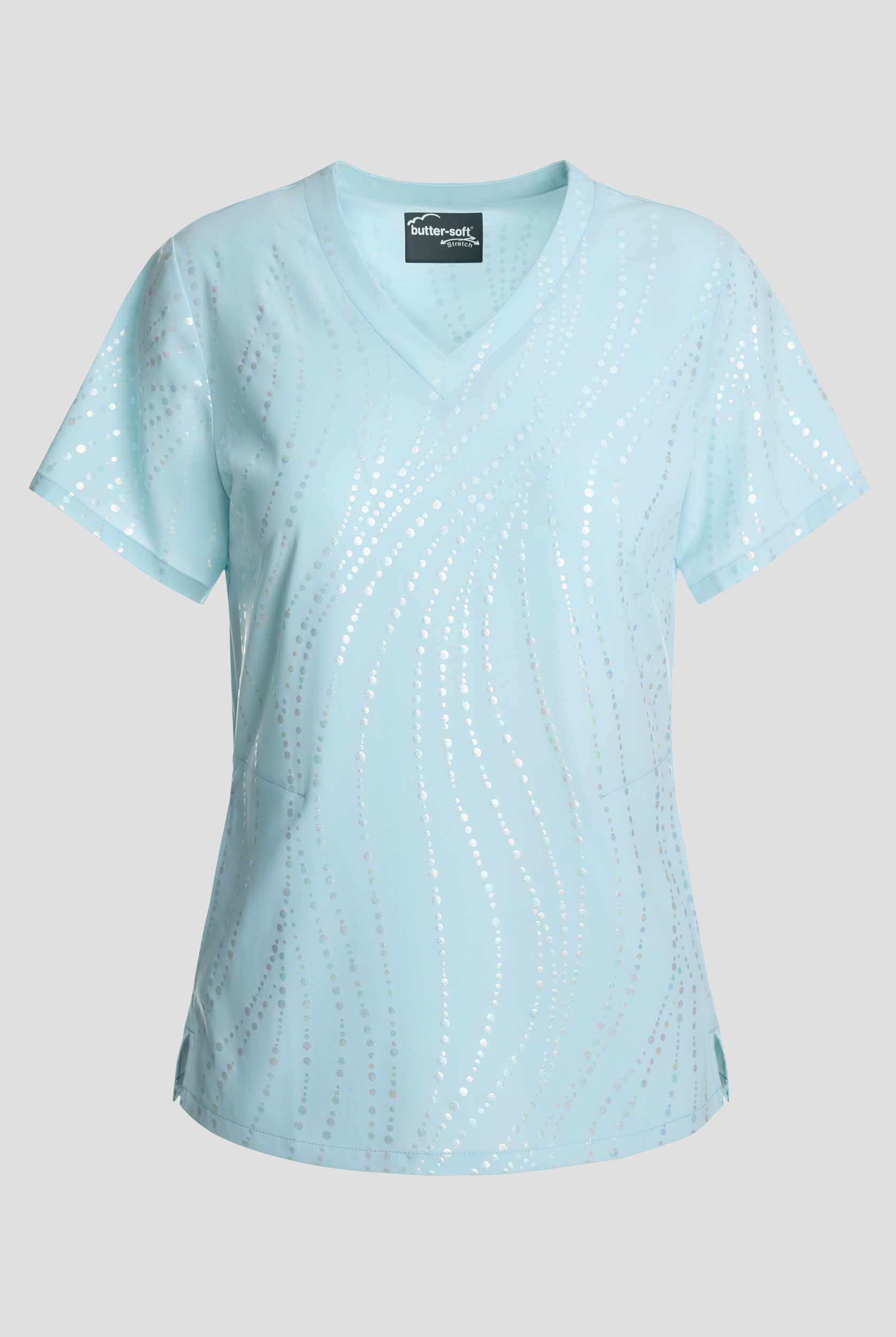 Butter-Soft STRETCH Rhythmic Waves Salt Blue Women's 2-Pocket  V-Neck Print Scrub Top