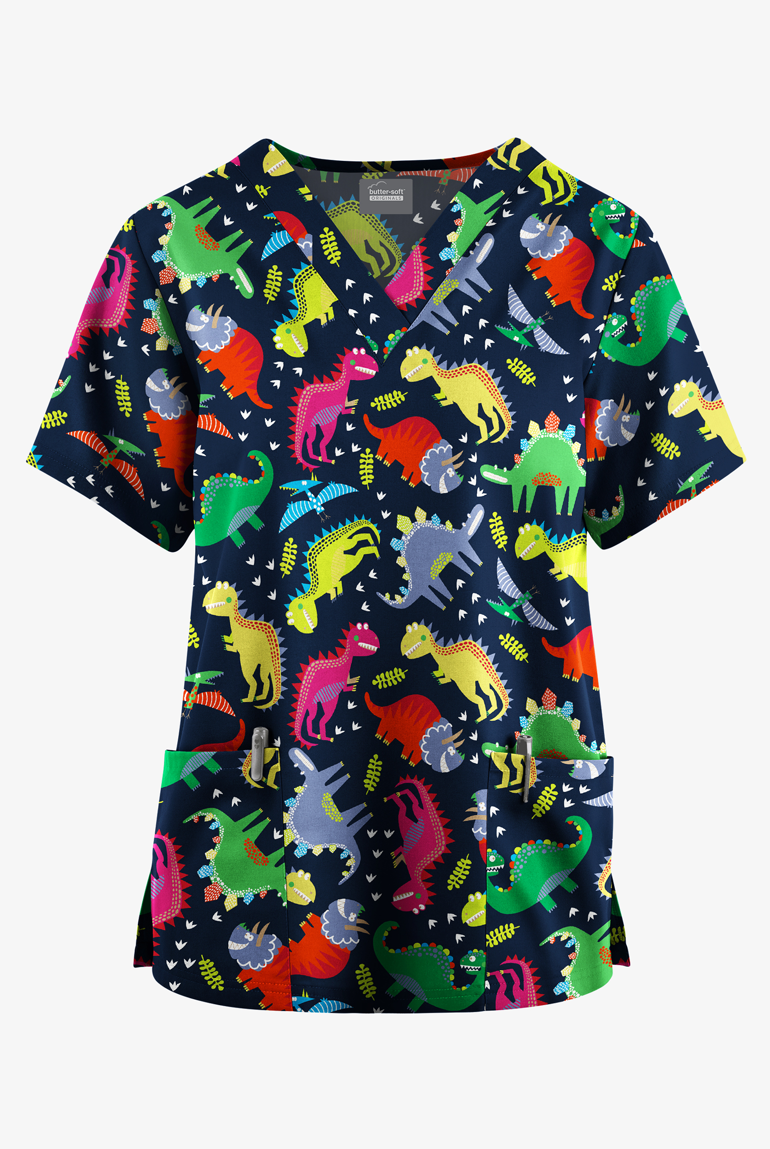 Butter-Soft Originals Colorful Dinos Navy Women's 2-Pocket V-Neck Print Scrub Top