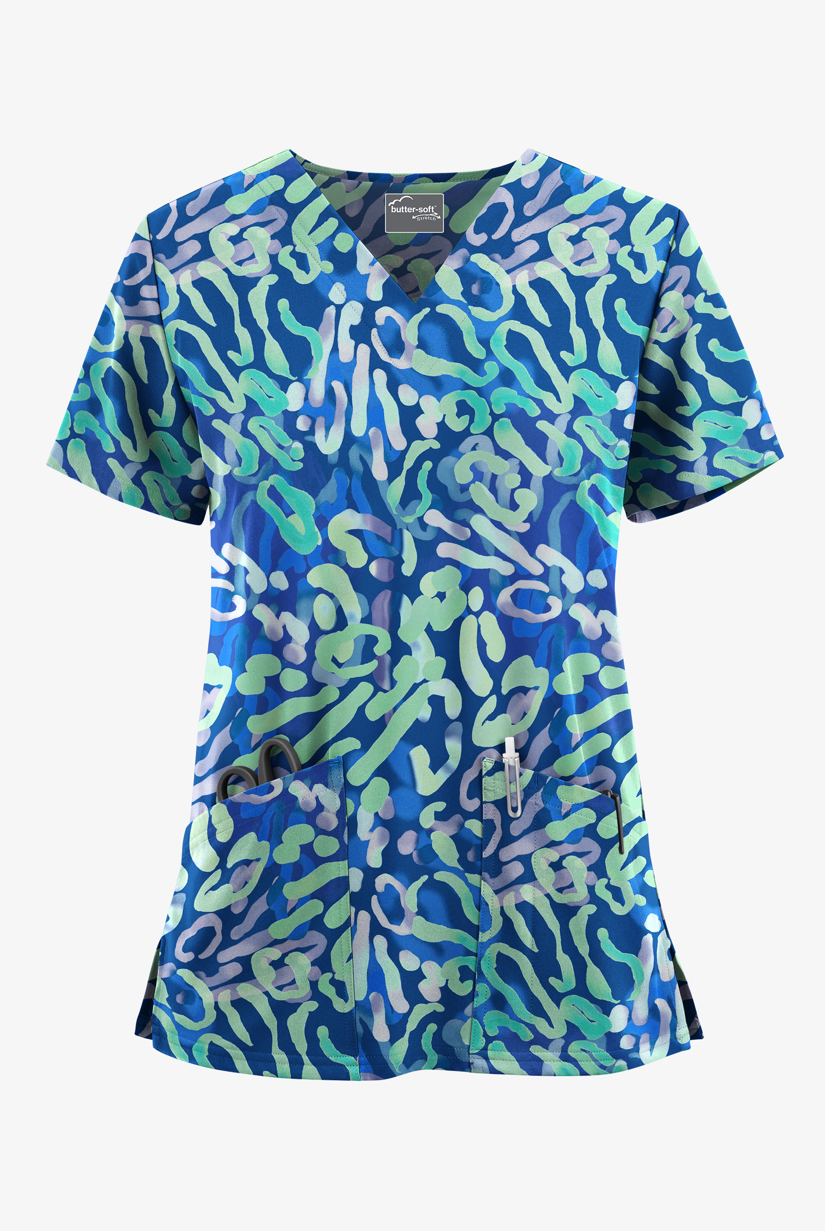 Butter-Soft STRETCH Confetti Time Royal Women's 2-Pocket V-Neck Print Scrub Top