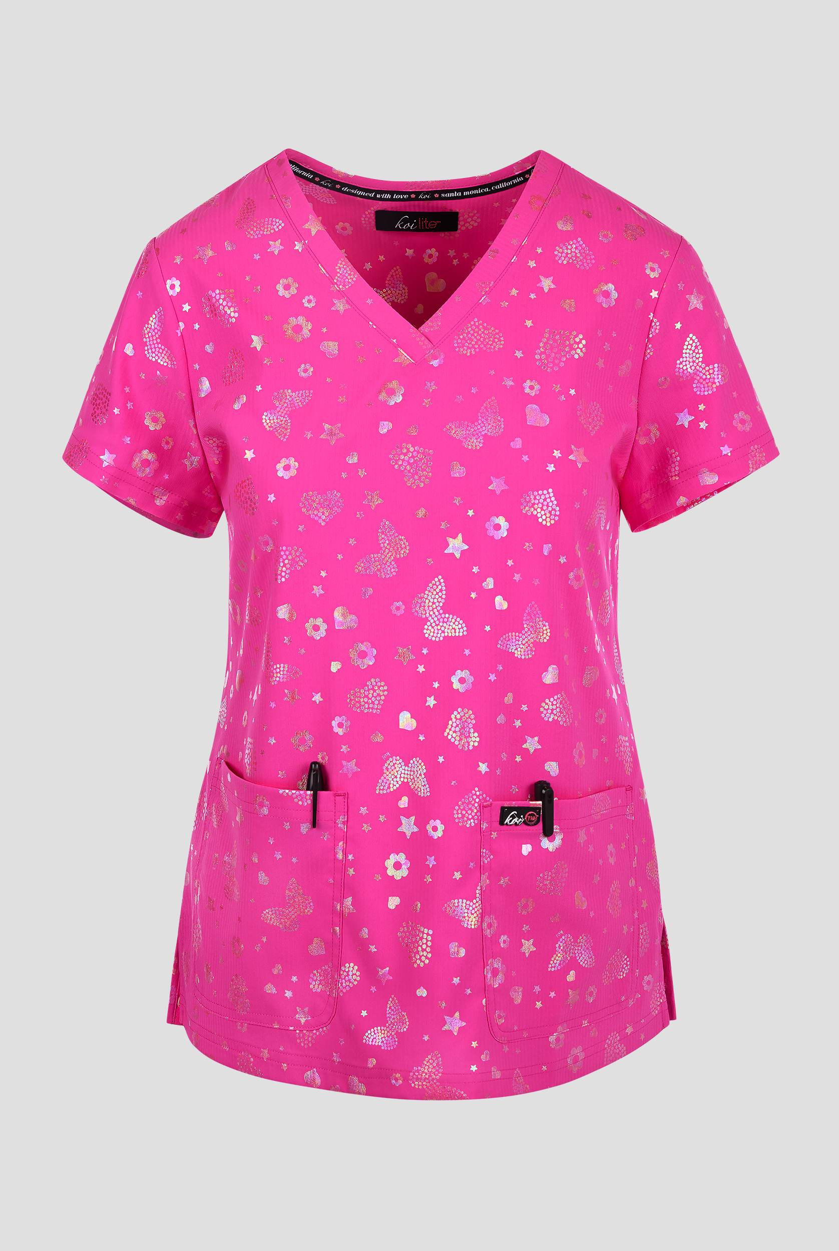 koi Lite Iridescent Light Bright Hibiscus Foil Women's 2-Pocket V-Neck Print Scrub Top