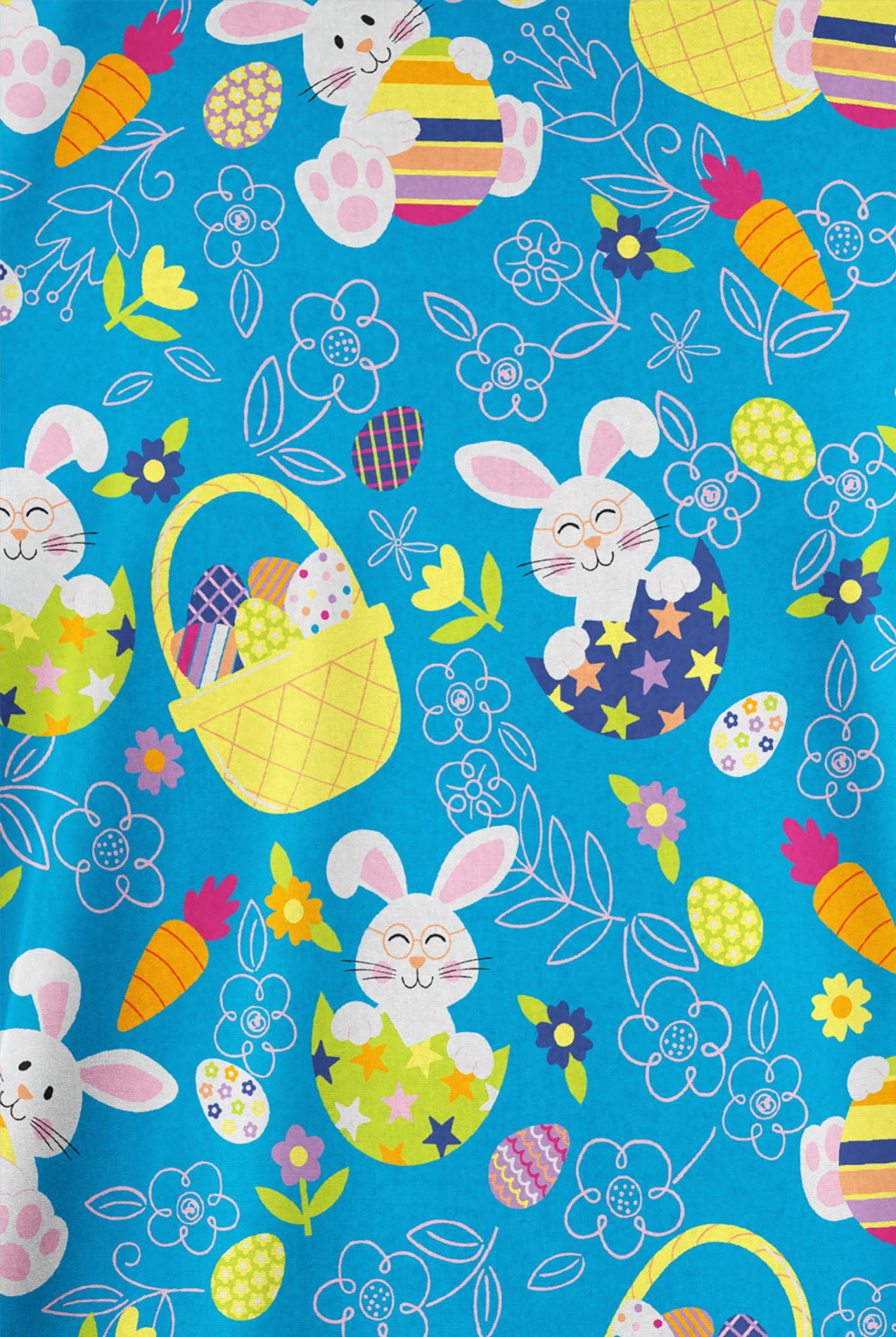 Blusa m&eacute;dica estampada Butter-Soft Originals Easter Basket Turquoise con cuello en V y 2 bolsillos para mujer