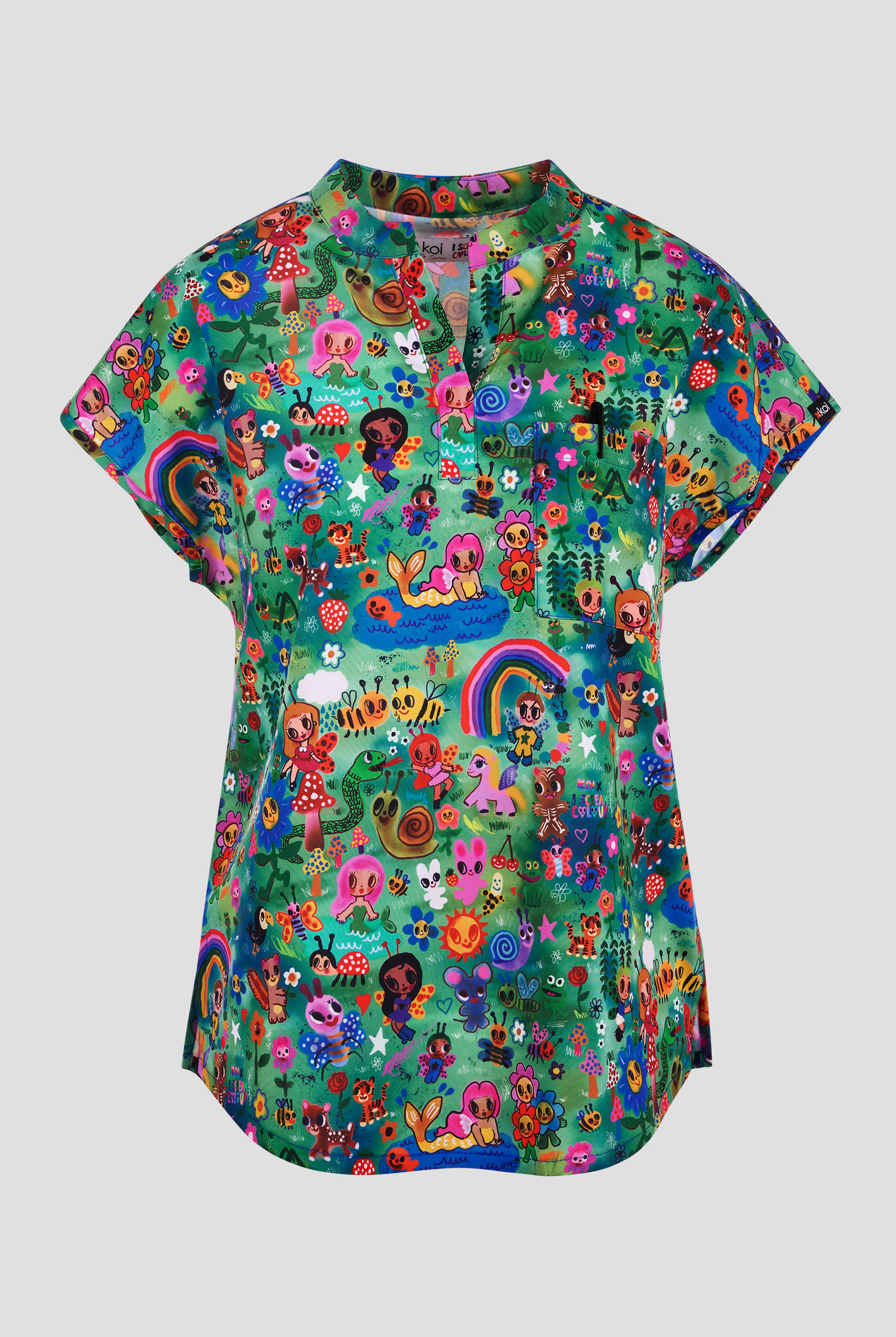 koi Lite Forest Creatures Women's 1-Pocket Mandarin Collar Print Scrub Top