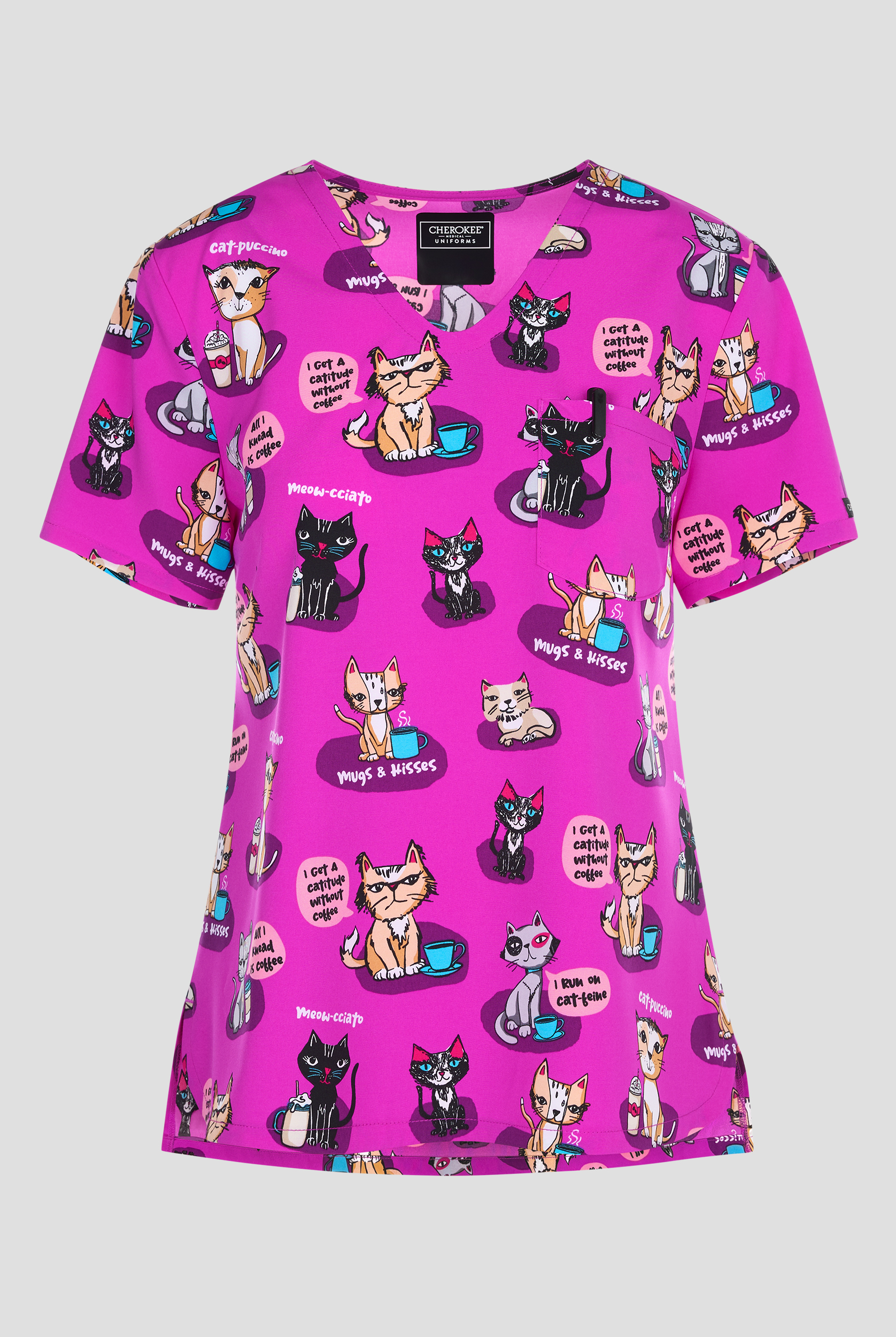 Cherokee Coffee Talk Cats Women's 2-Pocket STRETCH V-Neck Print Scrub Top