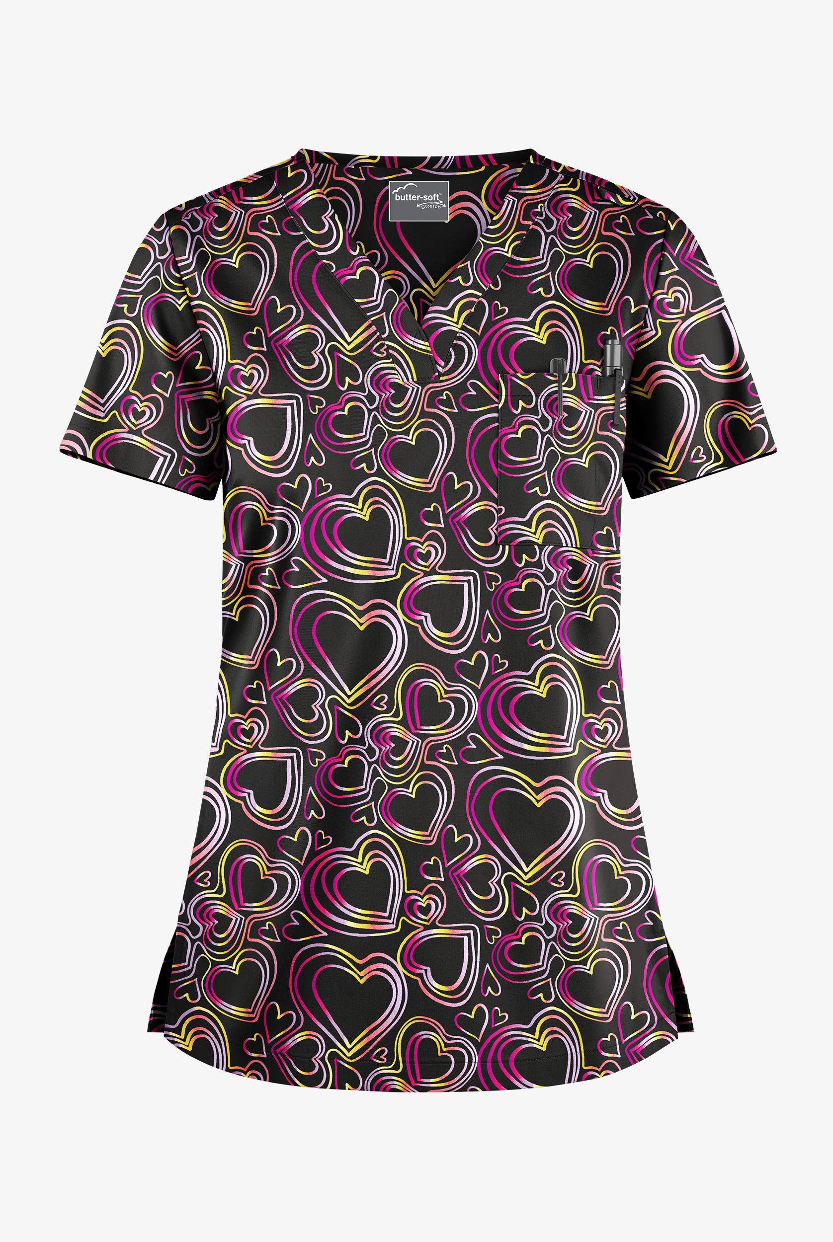 Butter-Soft STRETCH Black Neon Hearts  Women's 1-Pocket Tuck-In V-Neck Print Scrub Top