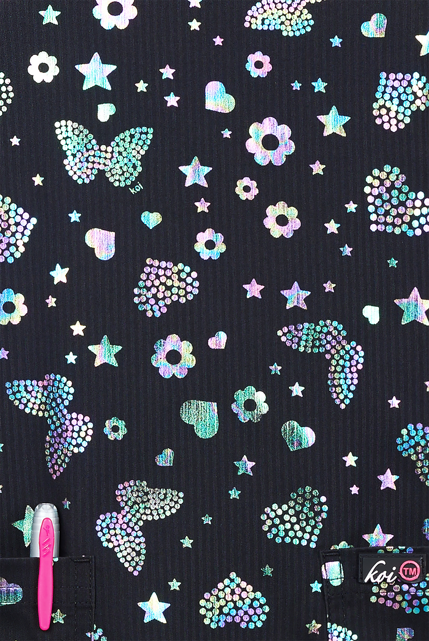 koi Lite Iridescent Light Bright Foil Women's 2-Pocket V-Neck Print Scrub Top