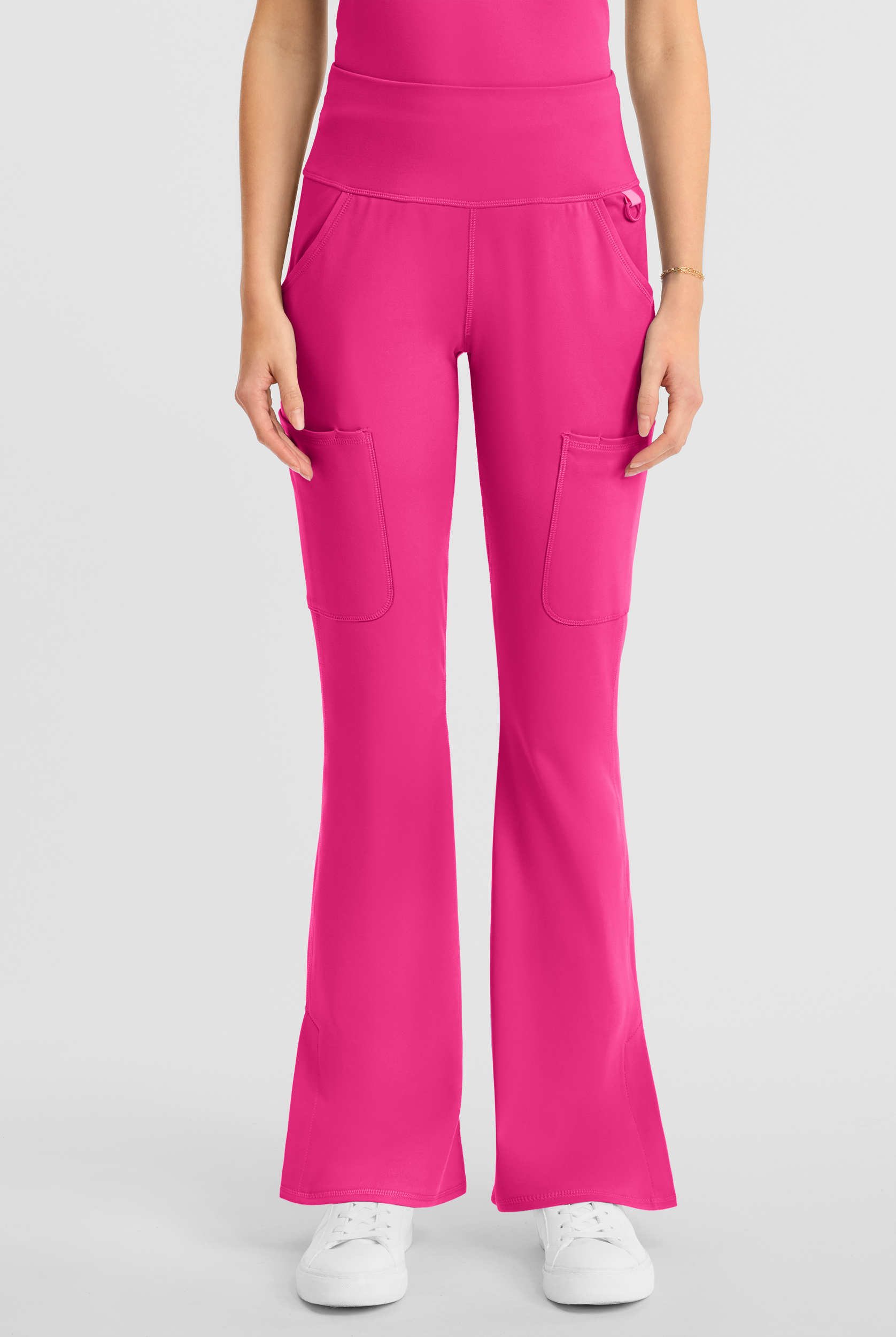 Med Couture Amp Knit Women's 5-Pocket STRETCH High-Rise Yoga Waistband Flare Leg Scrub Pant - Petite