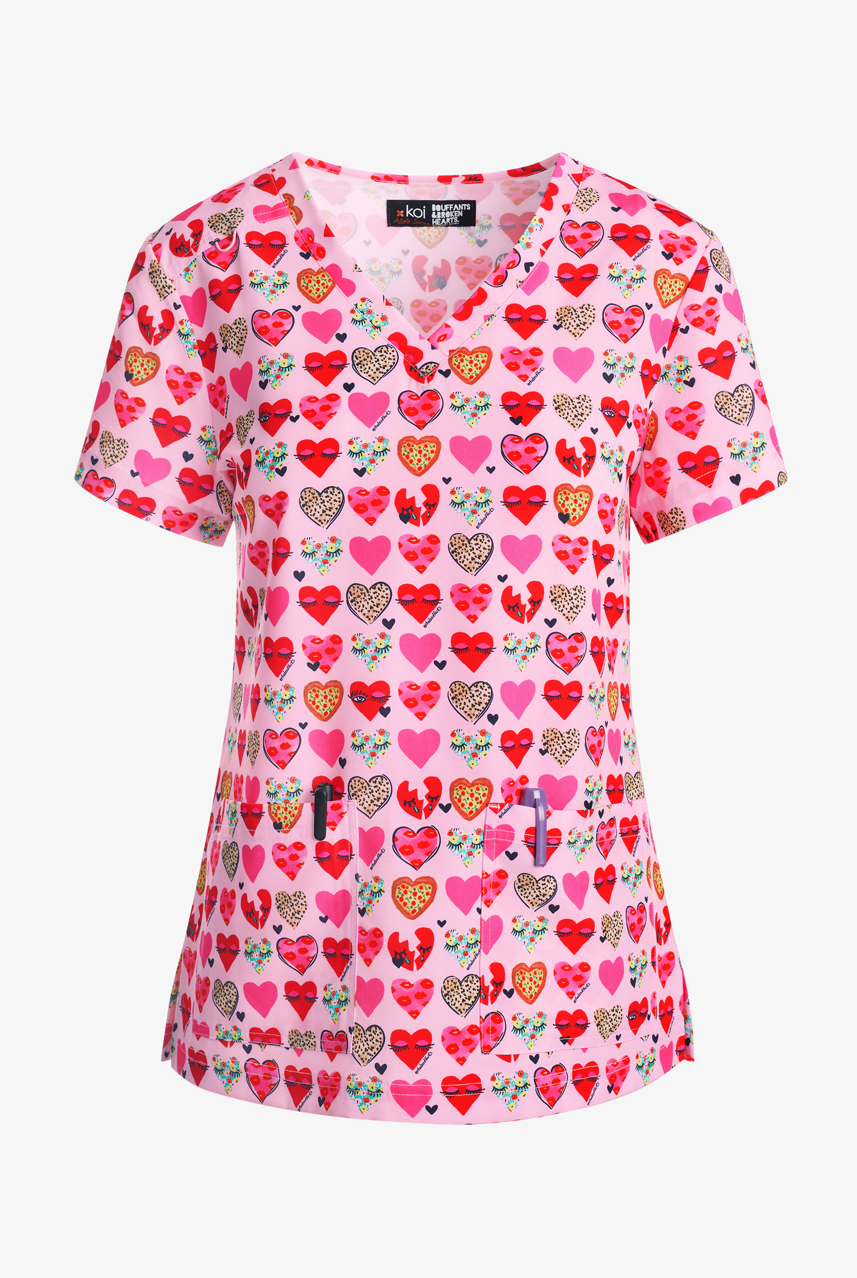 koi Next Gen Wink Love Hearts Women's 2-Pocket STRETCH V-Neck Print Scrub Top