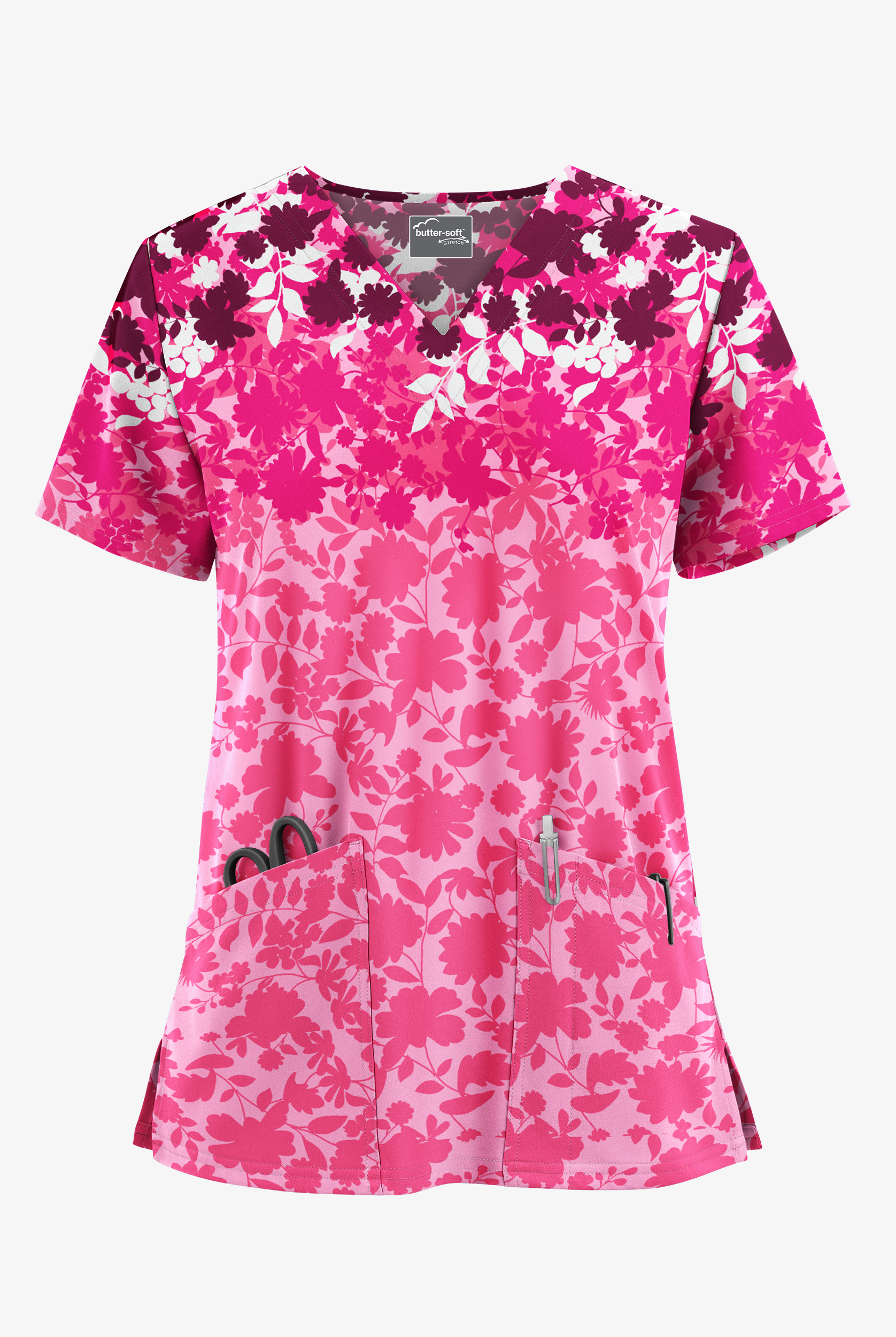 Butter-Soft STRETCH Floral Shadows Sweet Rose Women's 2-Pocket V-Neck Print Scrub Top