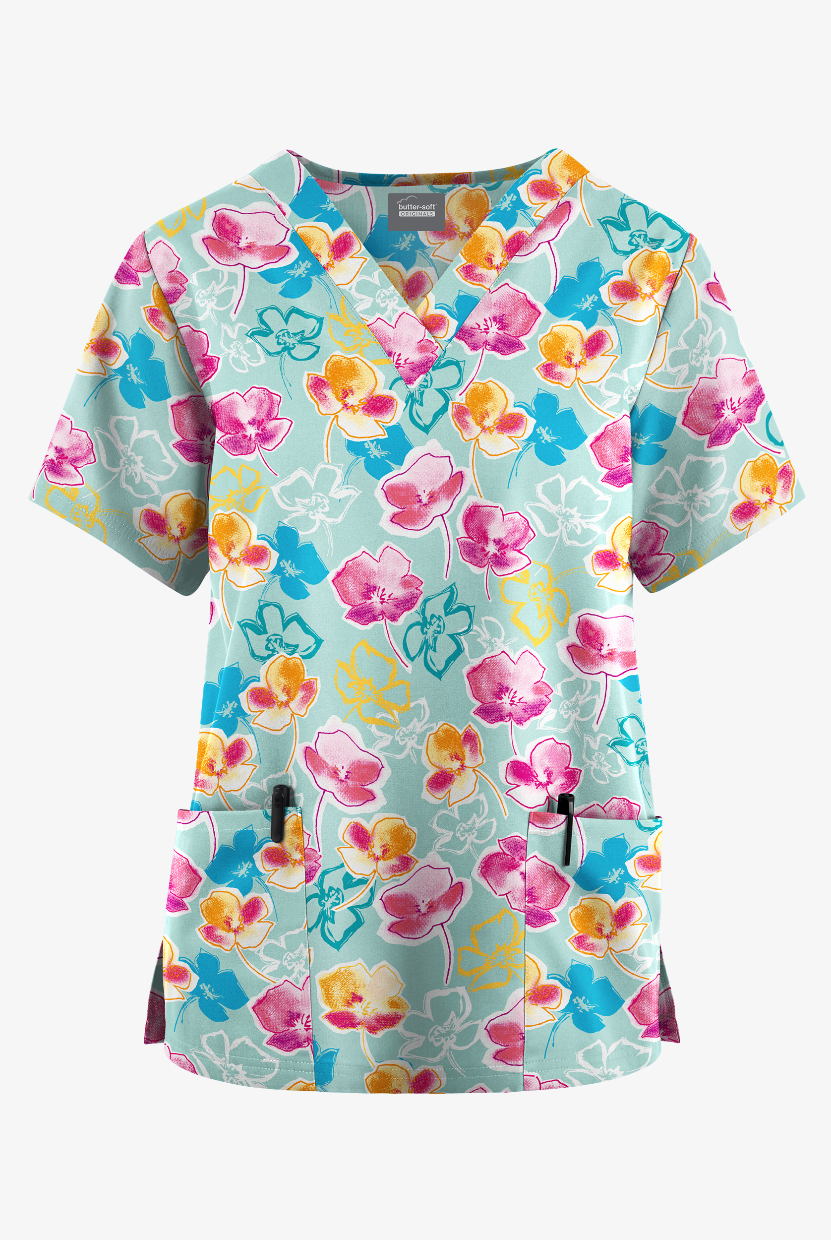 Butter-Soft Originals Spring Poppies Salt Blue Women's 2-Pocket V-Neck Print Scrub Top
