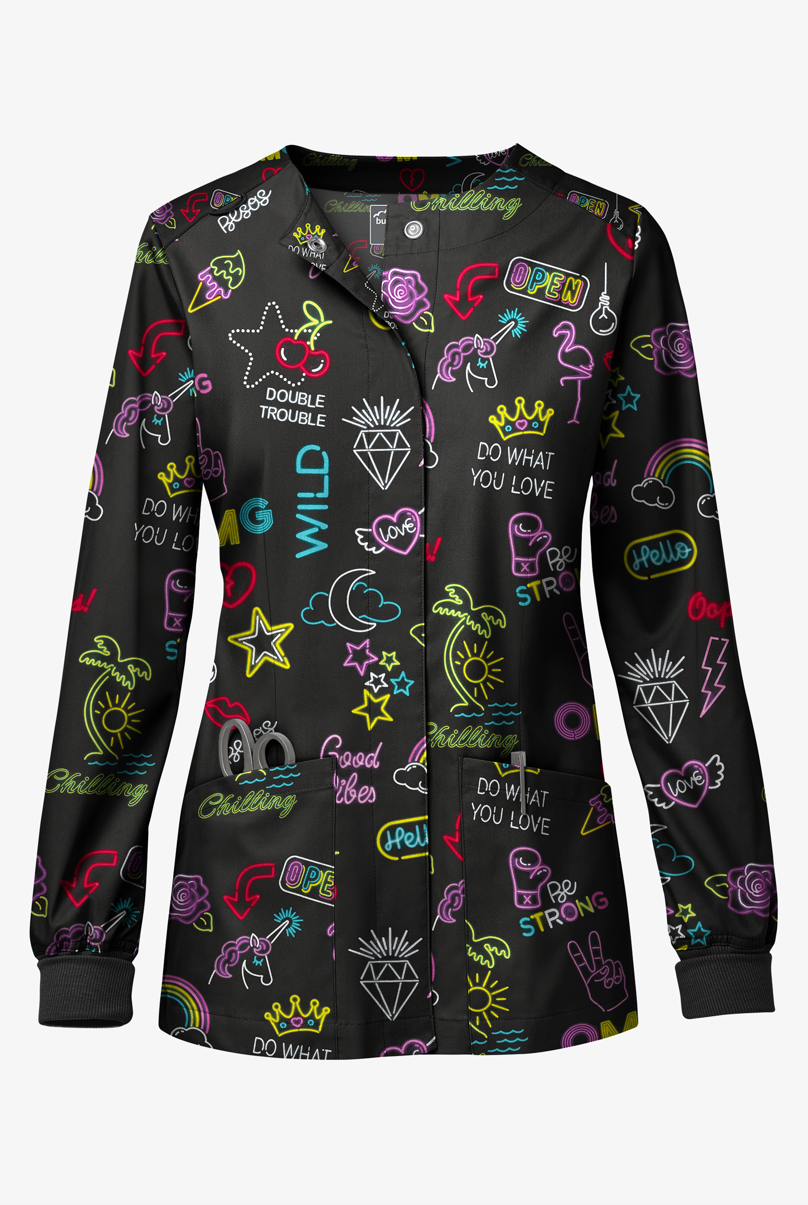 Butter-Soft STRETCH Neon Vibes Black Women's 3-Pocket Long Sleeve Snap Front Print Scrub Jacket