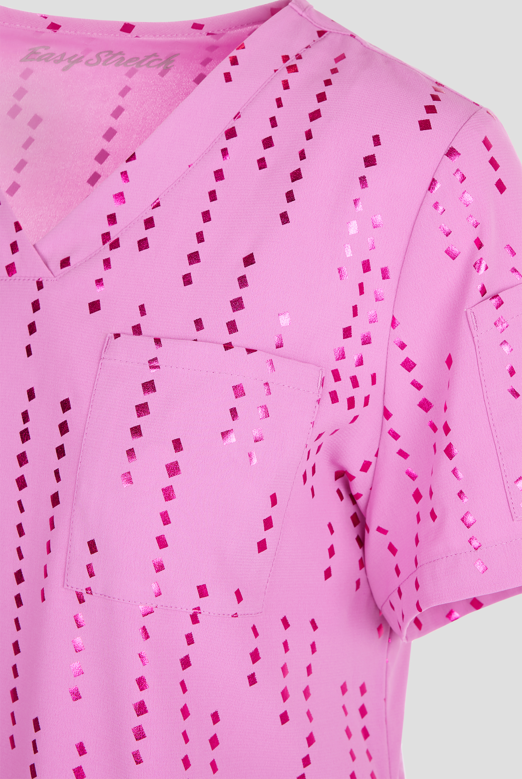 Easy STRETCH Matrix Pixels Magnesium Pink Chloe Women's 2-Pocket Tuck In  V-Neck Print Scrub Top