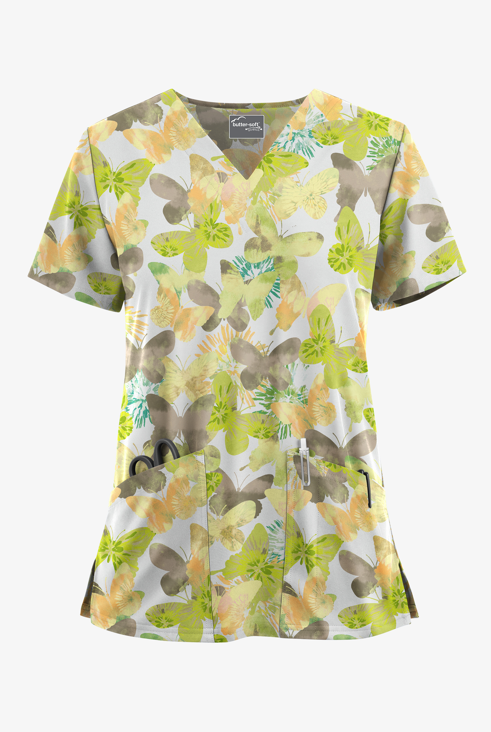 Butter-Soft STRETCH Wings Of Love White Women's 2-Pocket V-Neck Print Scrub Top