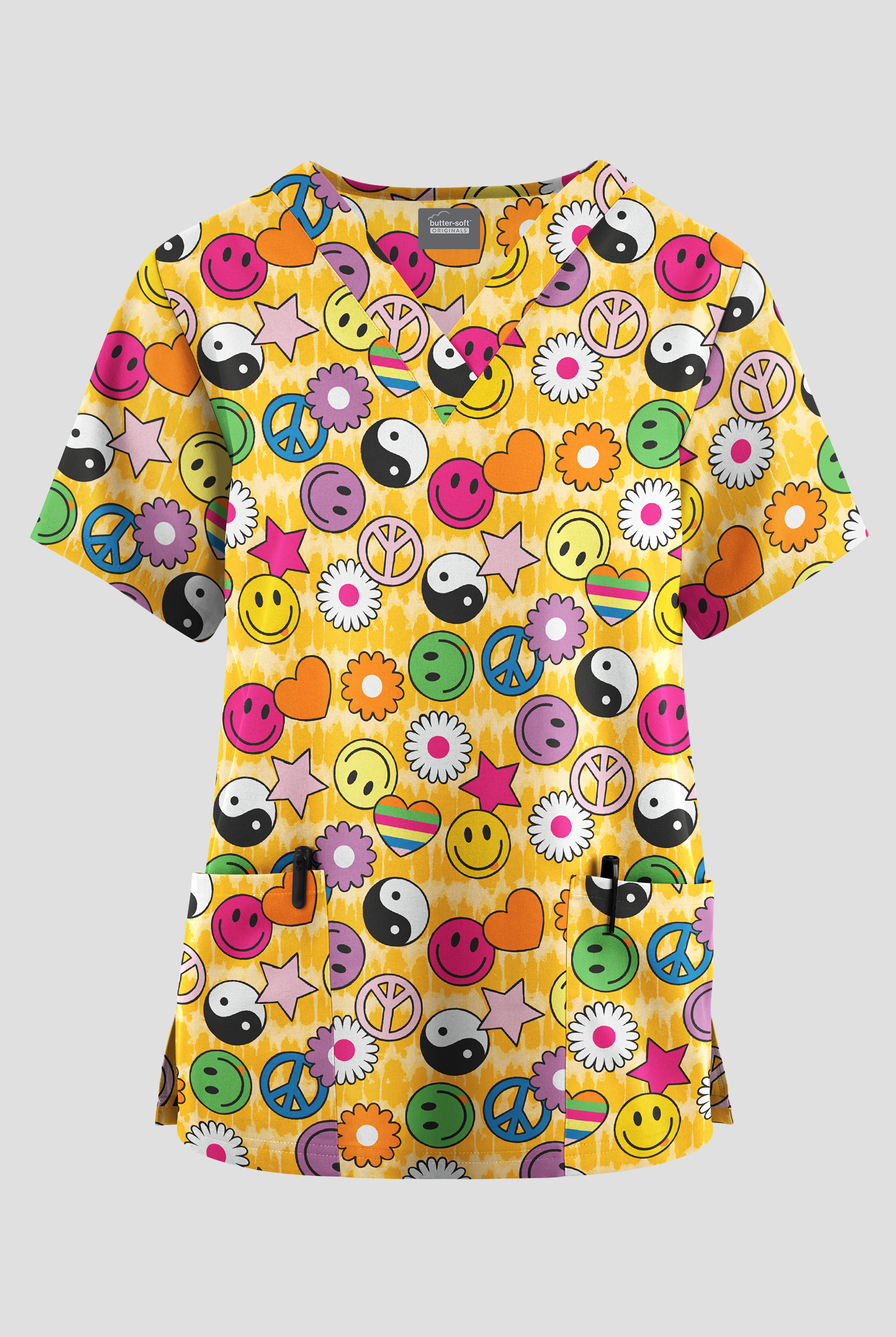 Butter-Soft Originals Peace Love Happiness Fuchsia Women's 2-Pocket V-Neck Print Scrub Top