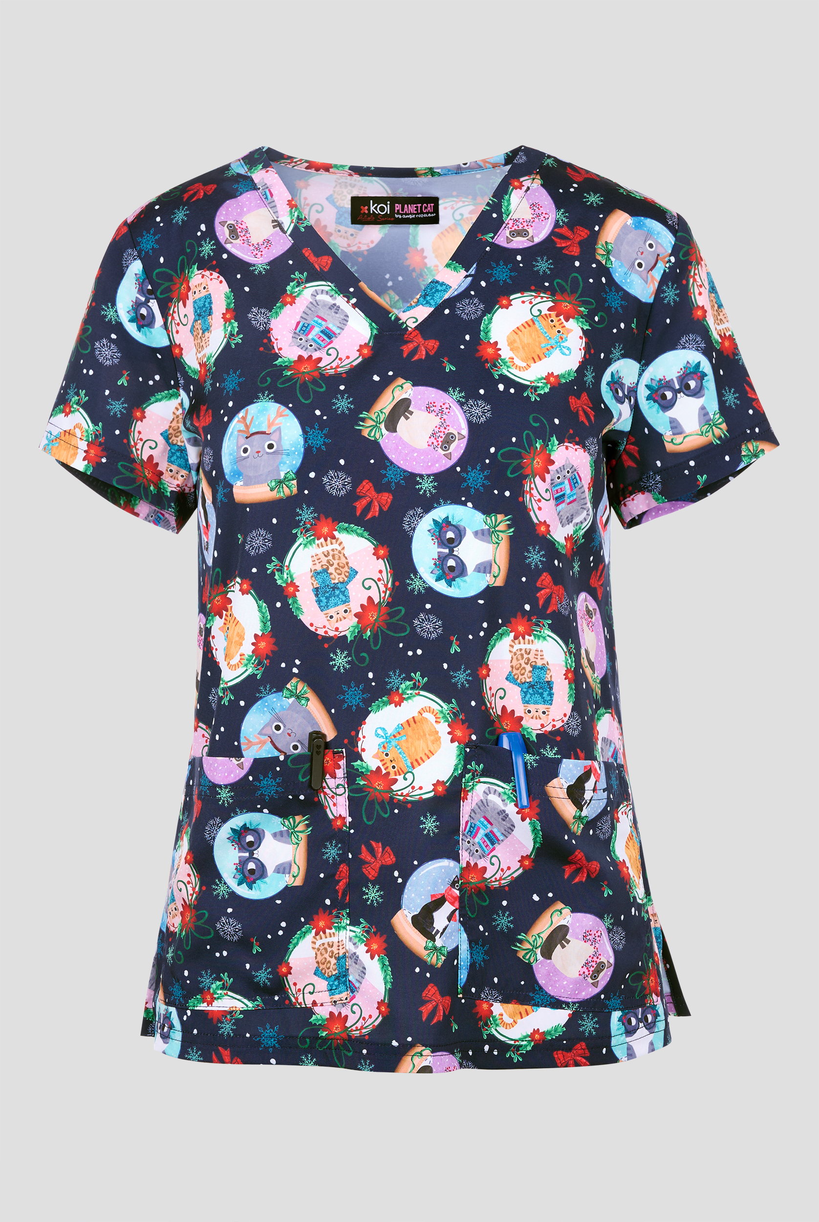 koi Basics Holiday Cats Women's 2-Pocket STRETCH V-Neck Print Scrub Top