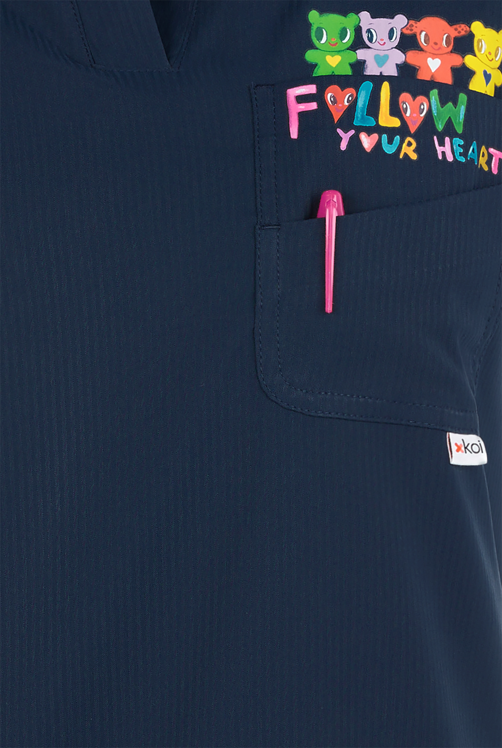 koi Lite Follow Your Heart Navy Women's 2-Pocket V-Neck Print Scrub Top