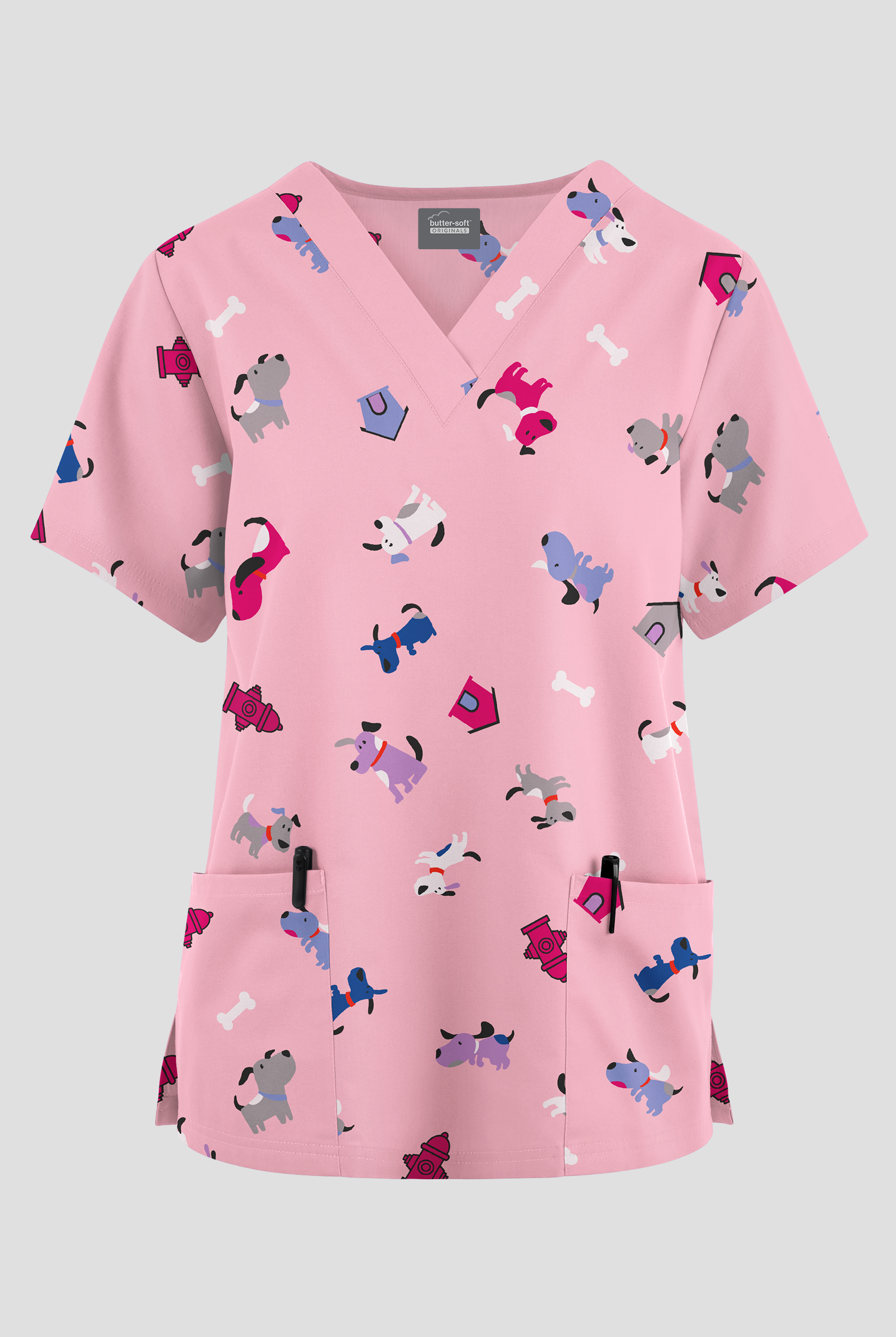 Butter-Soft Originals A Dog's Life Blush Women's 2-Pocket V-Neck Print Scrub Top