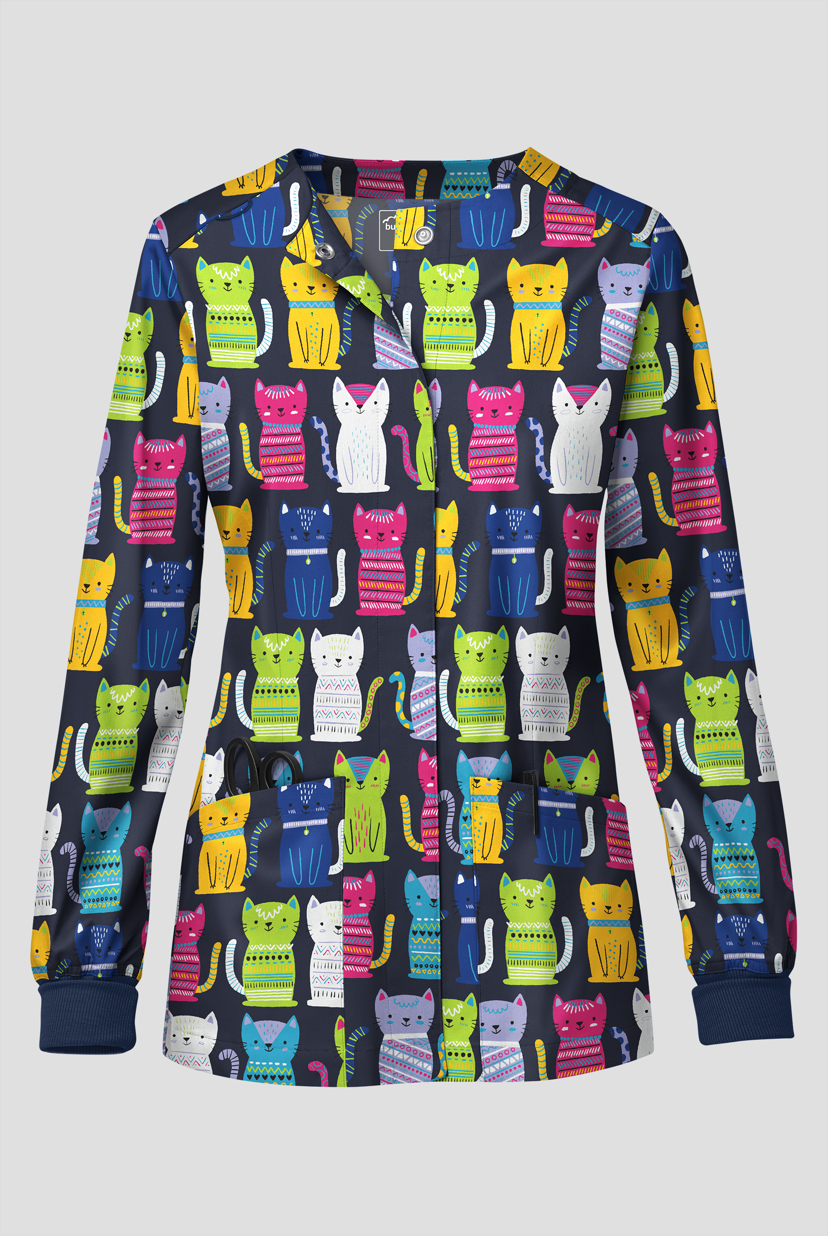 Butter-Soft STRETCH Just Purr-Fect Navy Women's 3-Pocket Long Sleeve Snap-Front Print Scrub Jacket