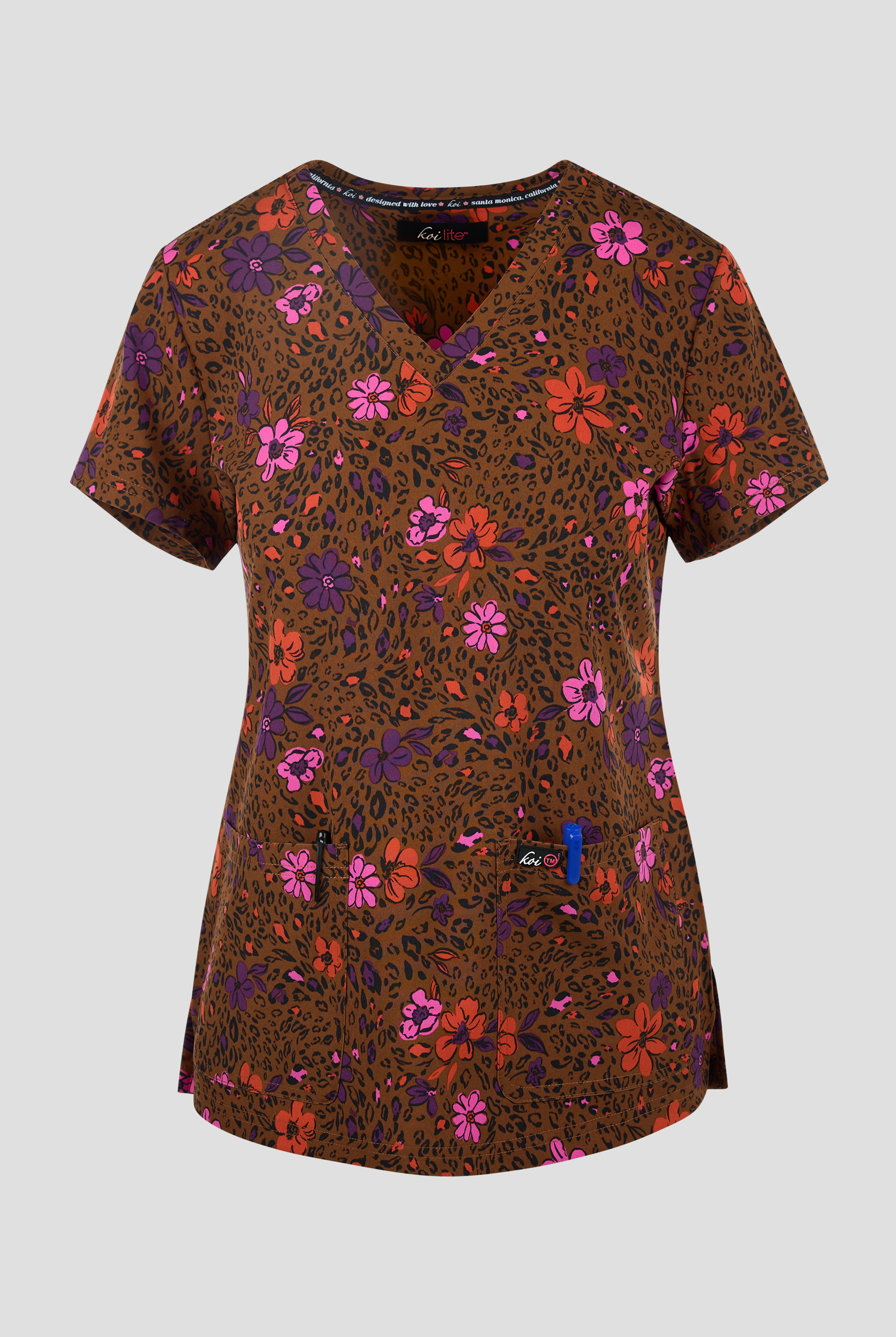 koi Lite Petals Spots Women's 2-Pocket V-Neck Print Scrub Top
