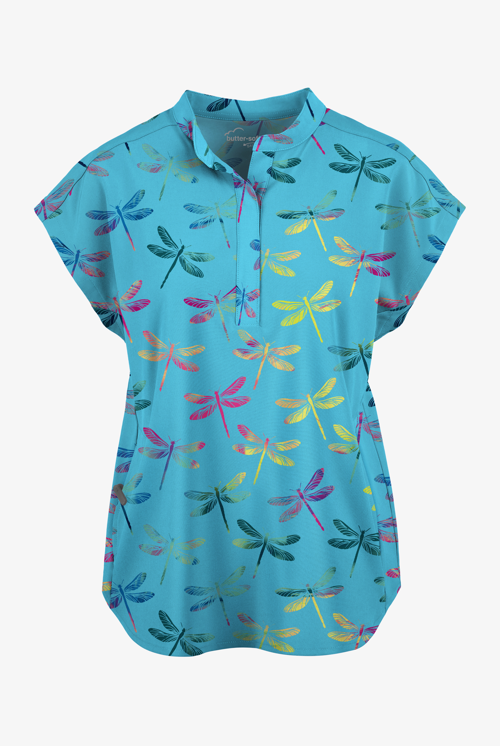 Butter-Soft STRETCH Dragonfly Dance Turquoise Women's Dolman Print Scrub Top