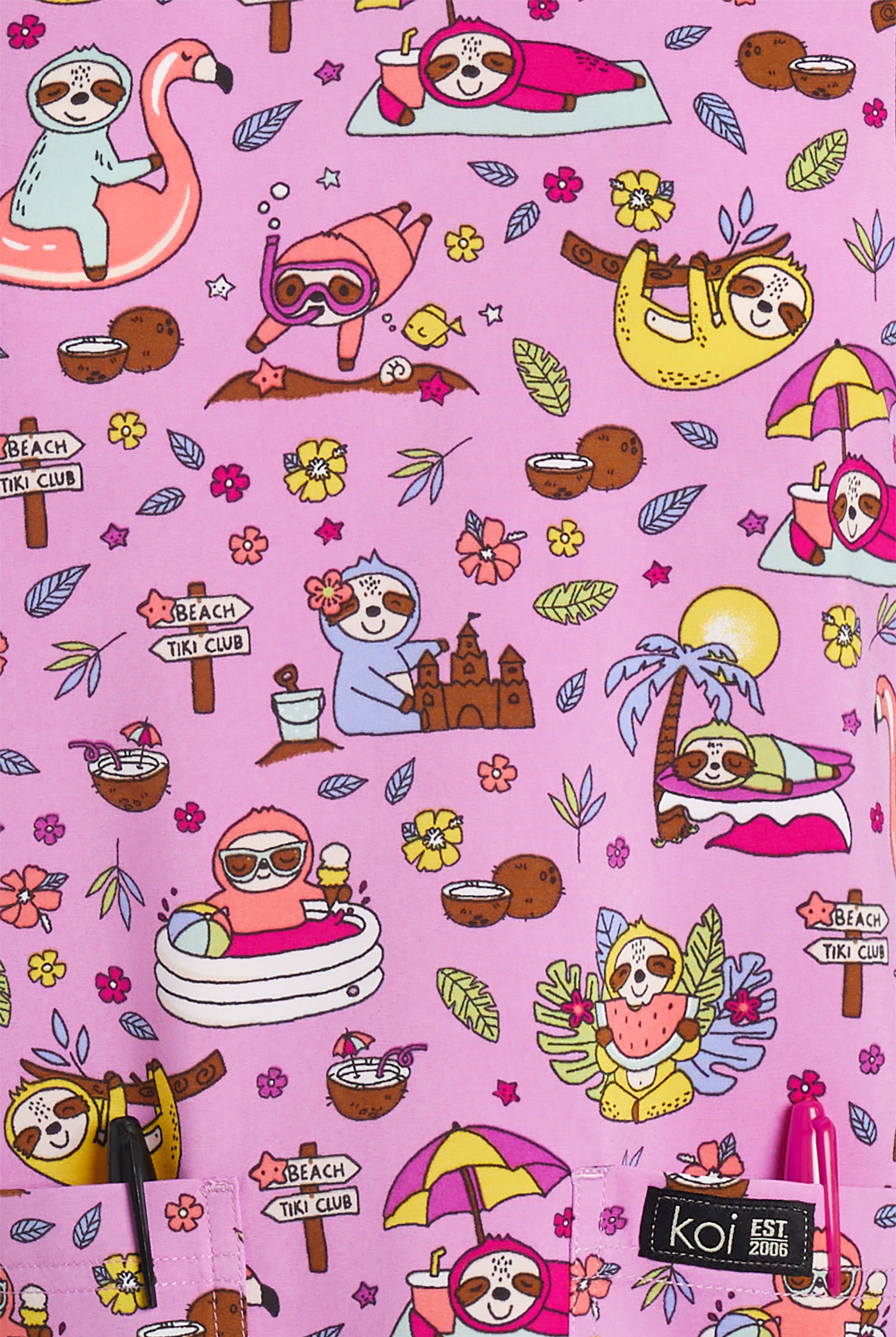 koi Basics Summer Sloth Women's 2-Pocket STRETCH V-Neck Print Scrub Top