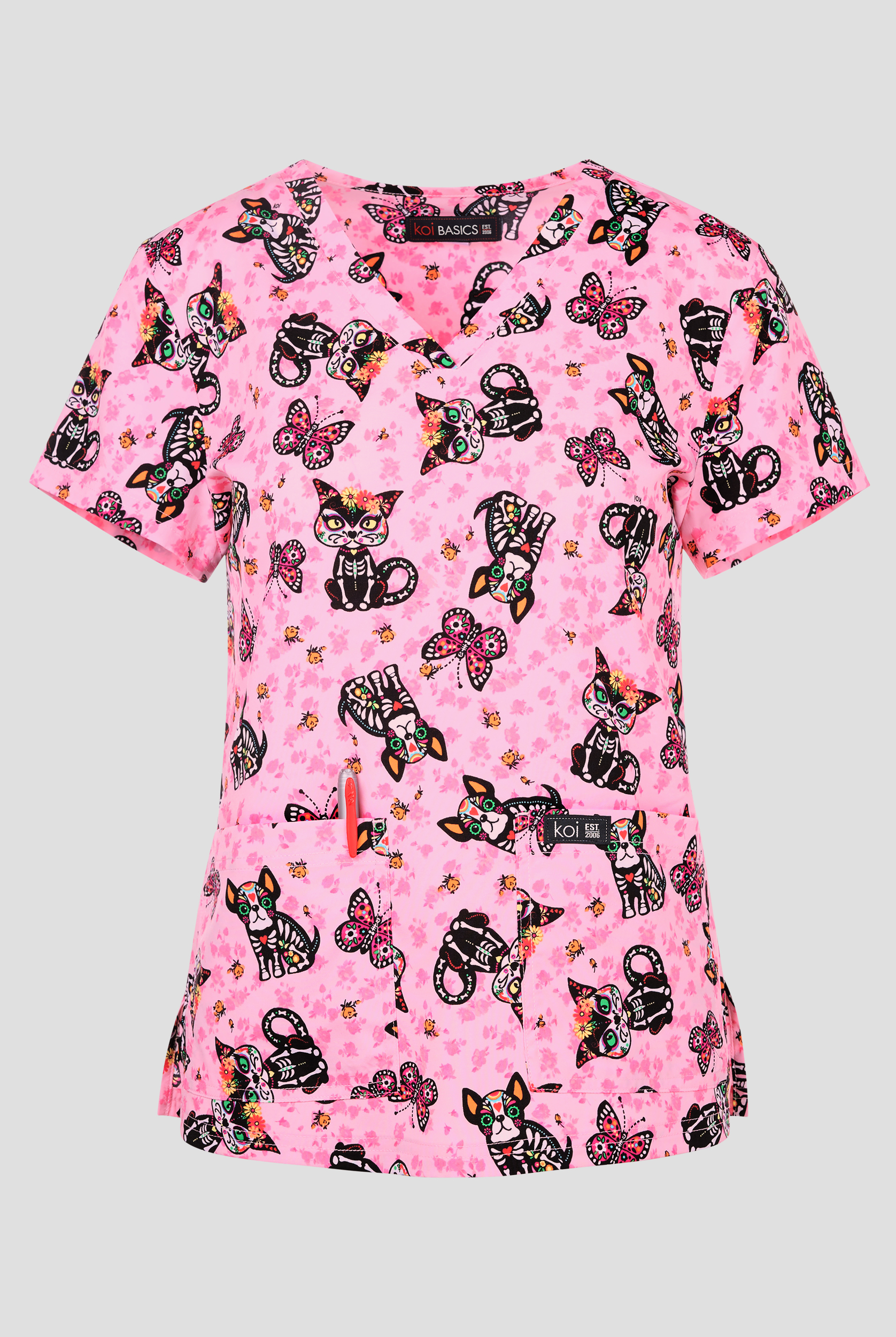 koi Basics Sugar Skull Cuties Women's 2-Pocket STRETCH V-Neck Print Scrub Top
