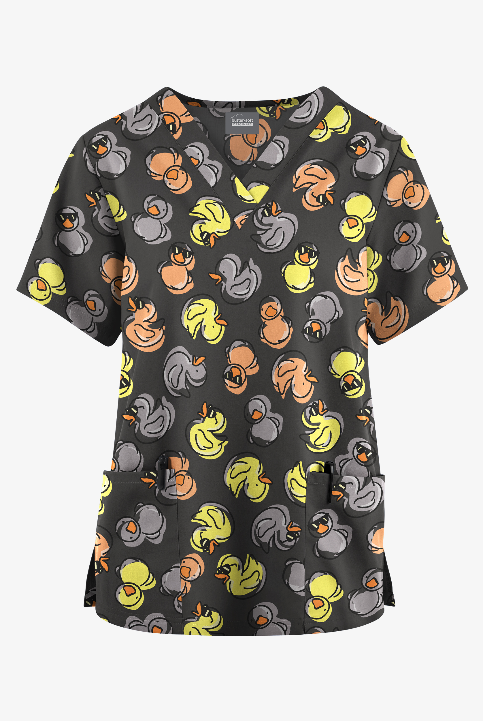 Butter-Soft Originals Lucy Duck Pewter Women's 2-Pocket V-Neck Print Scrub Top