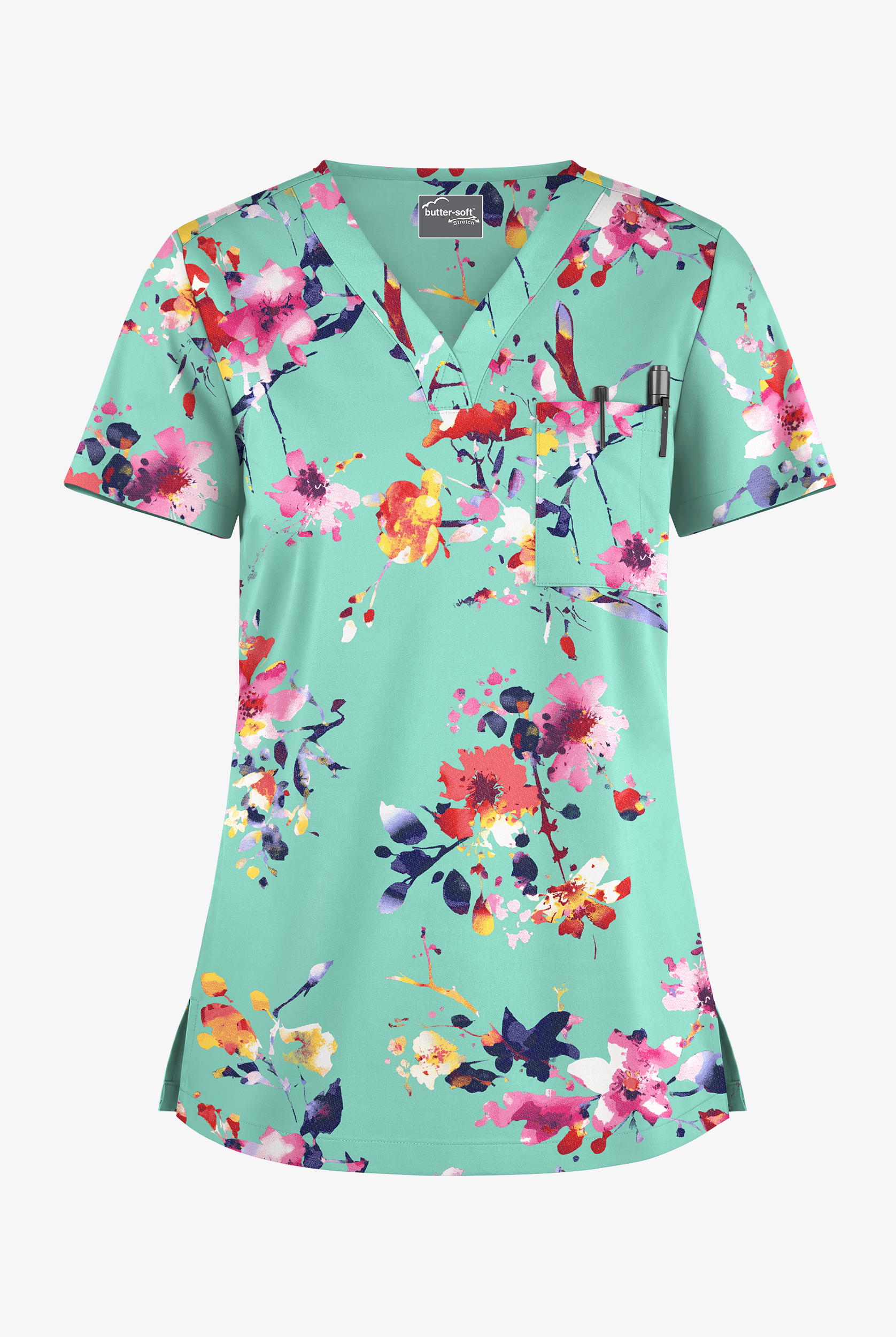 Butter-Soft STRETCH Abstract Garden Salt Blue Women's 1- Pocket Print Scrub Top