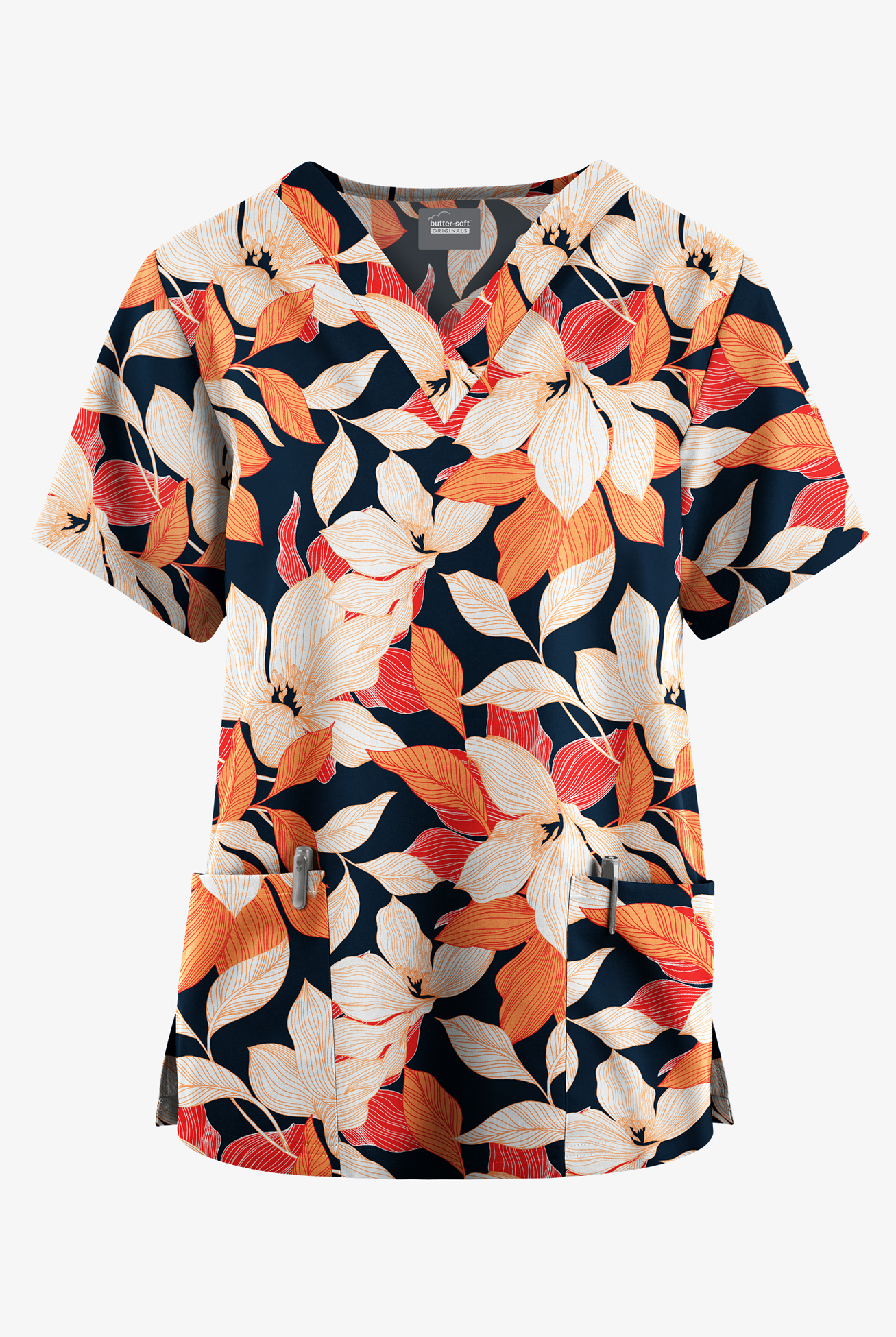 Butter-Soft Originals Lily Dreams Navy Women's 2-Pocket V-Neck Print Scrub Top