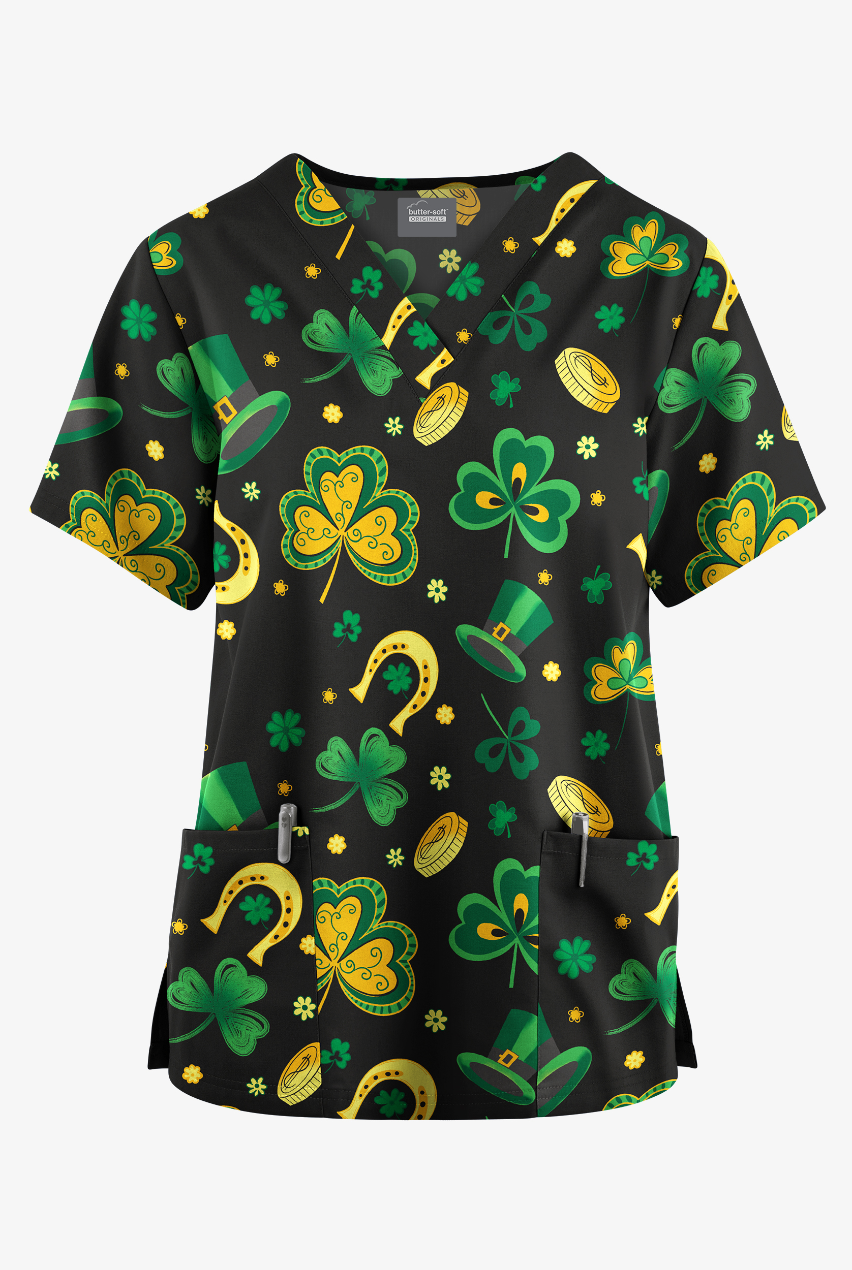 Butter-Soft Originals Luck Of The Irish Black Women's 2-Pocket V-Neck Print Scrub Top