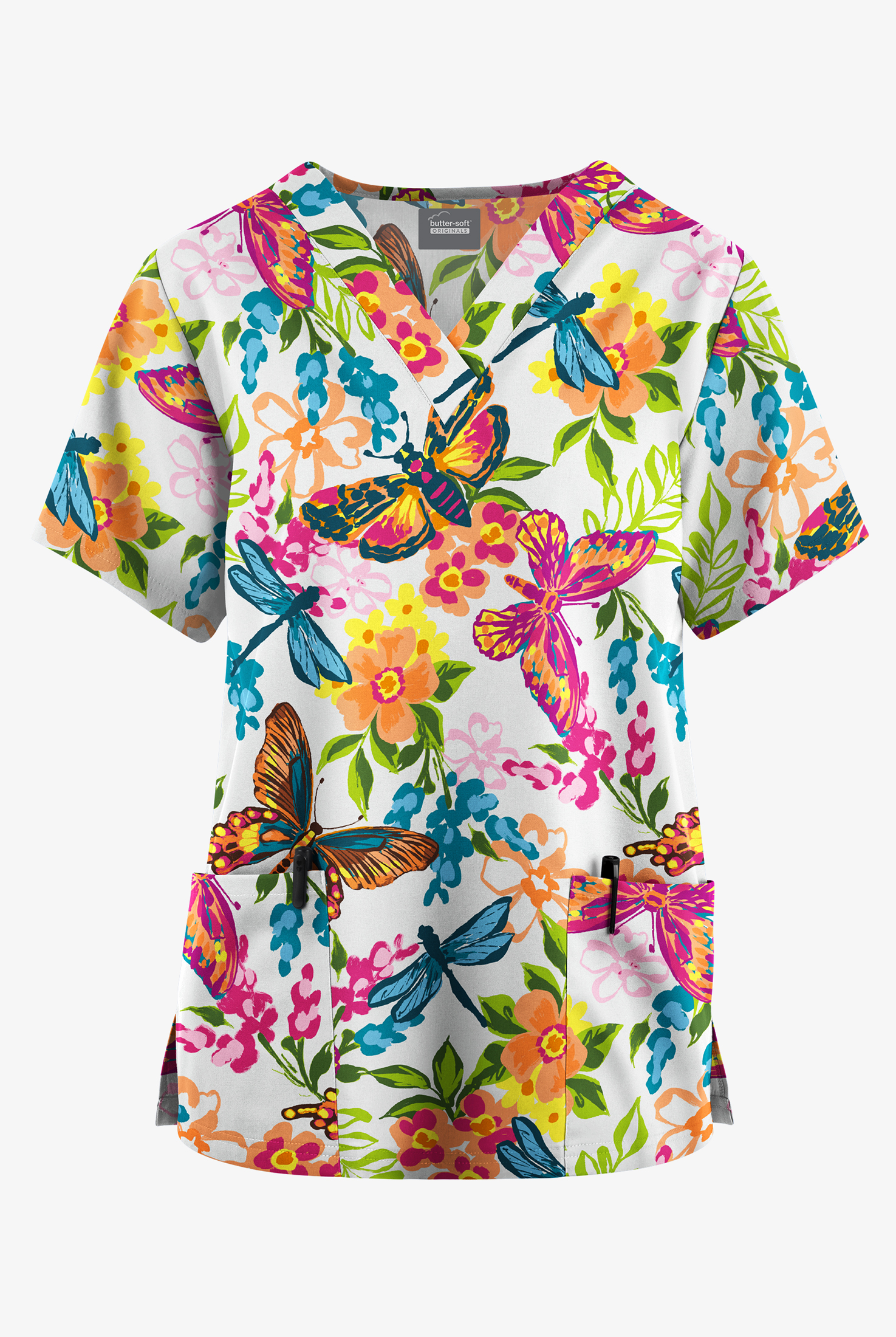 Butter-Soft Originals Summer Garden White Women's 2-Pocket V-Neck Print Scrub Top
