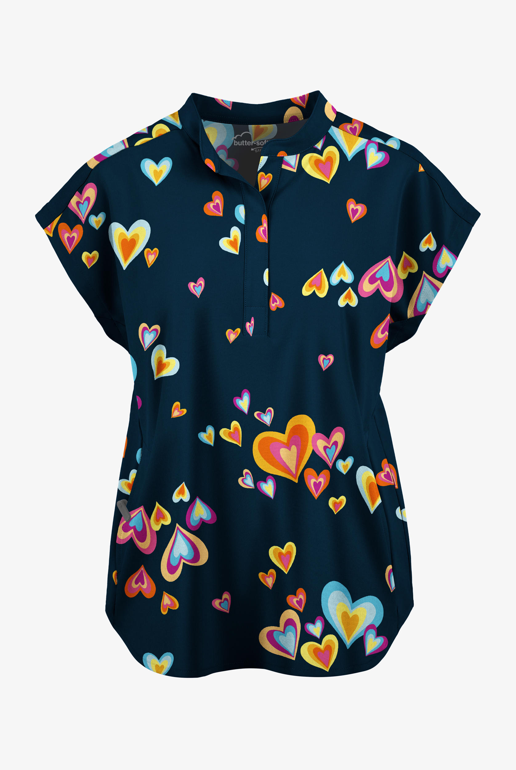 Butter-Soft STRETCH Pop Heart Navy Women's 2-Pocket Oversized Dolman Sleeve Print Scrub Top