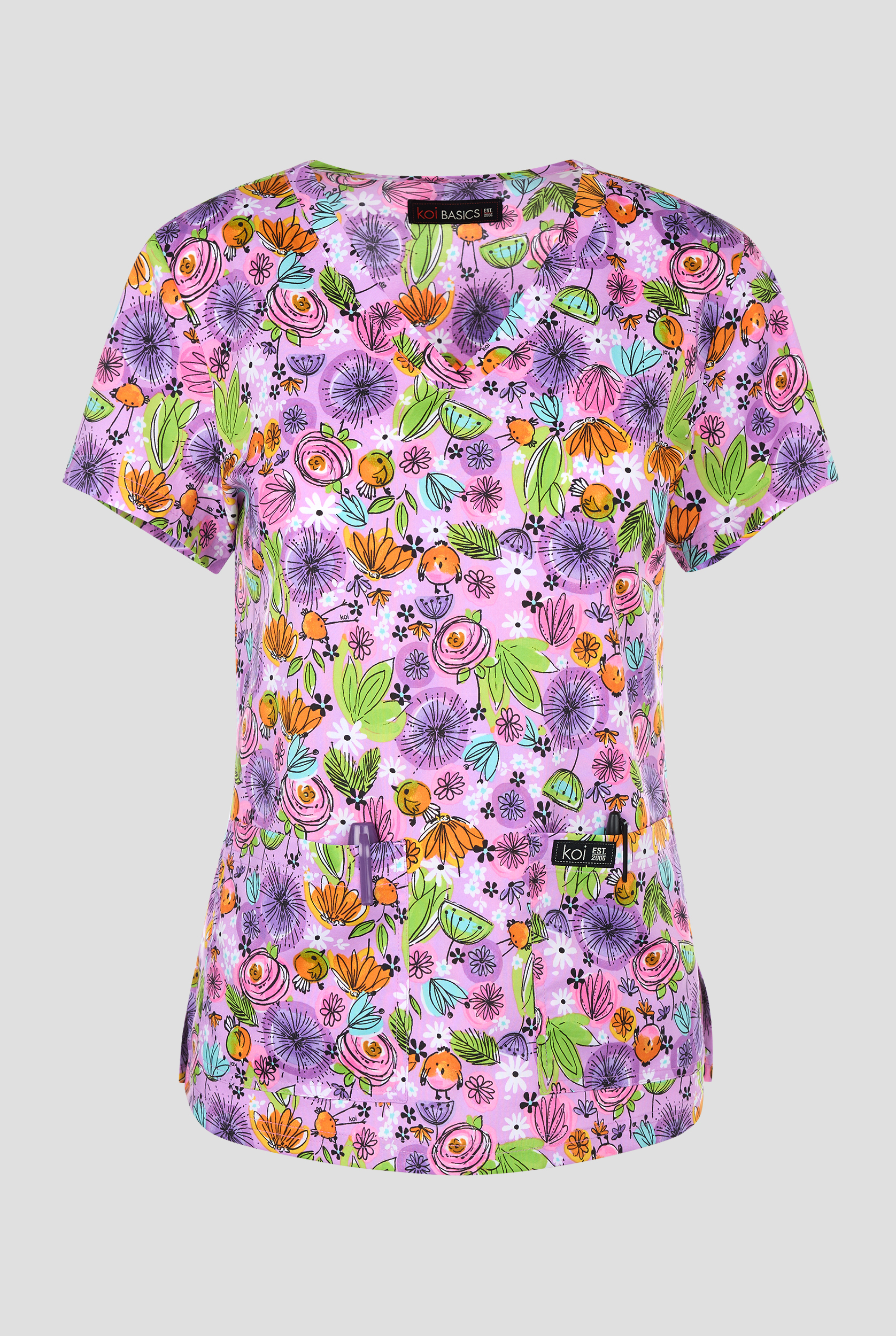 koi Basics Birdie Women's 2-Pocket STRETCH V-Neck Print Scrub Top