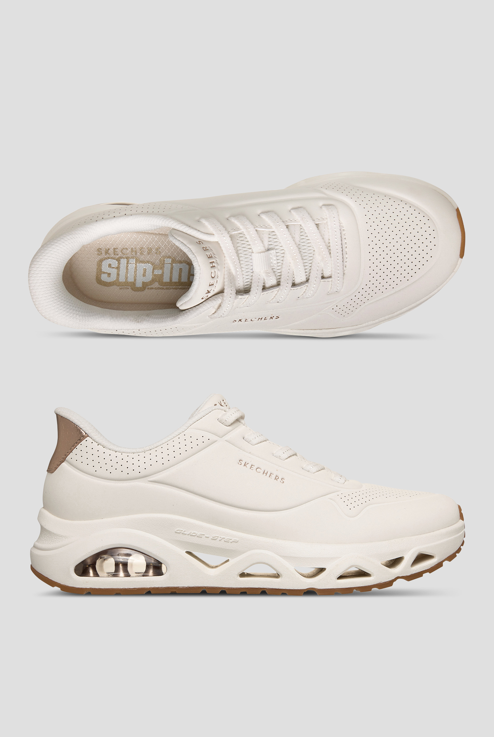 Skechers Street UNO -GLIDE ON AIR White/Rose Gold Athletic Slip On Shoes