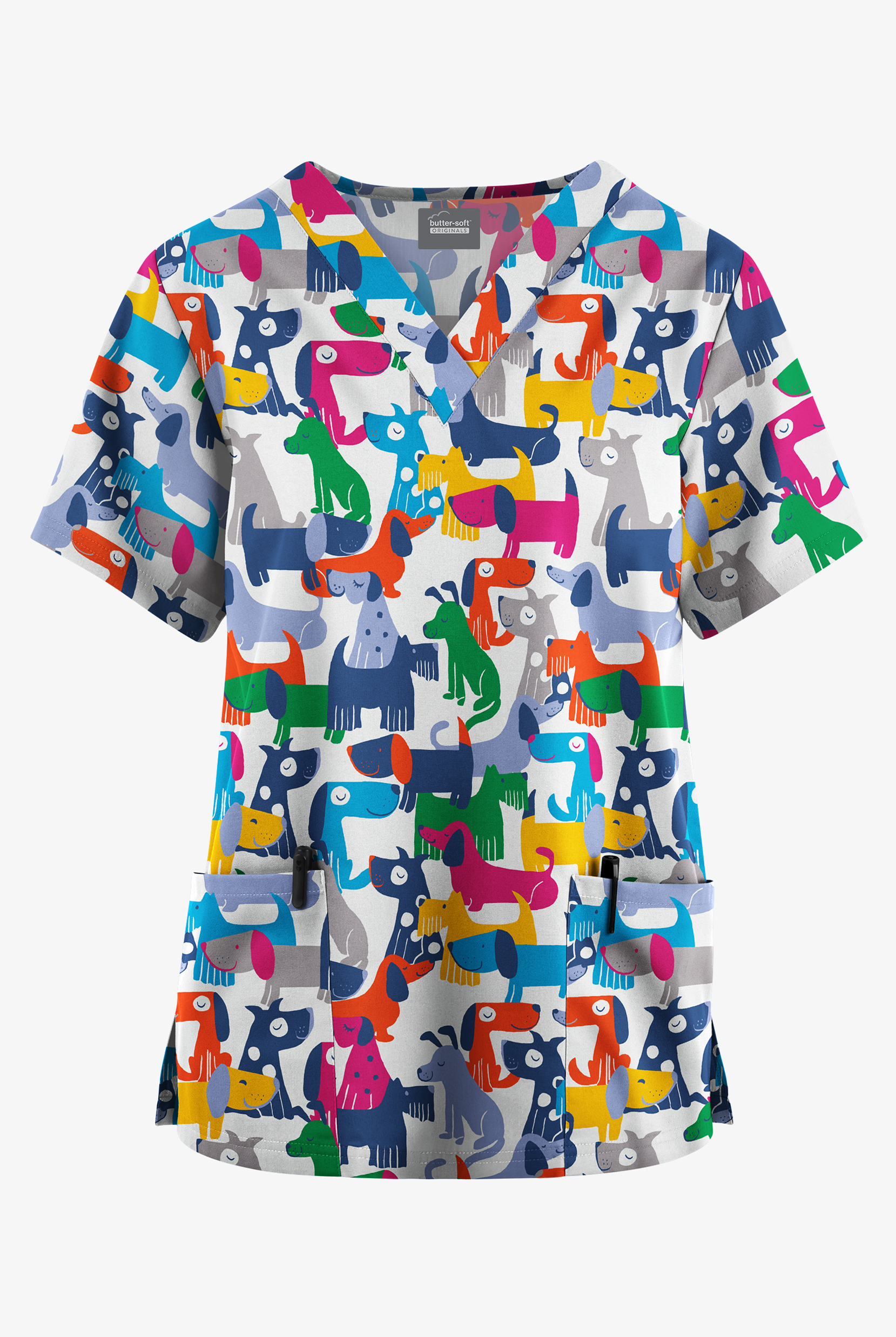 Butter-Soft Originals Playful Paws White Women's 2-Pocket V-Neck Print Scrub Top