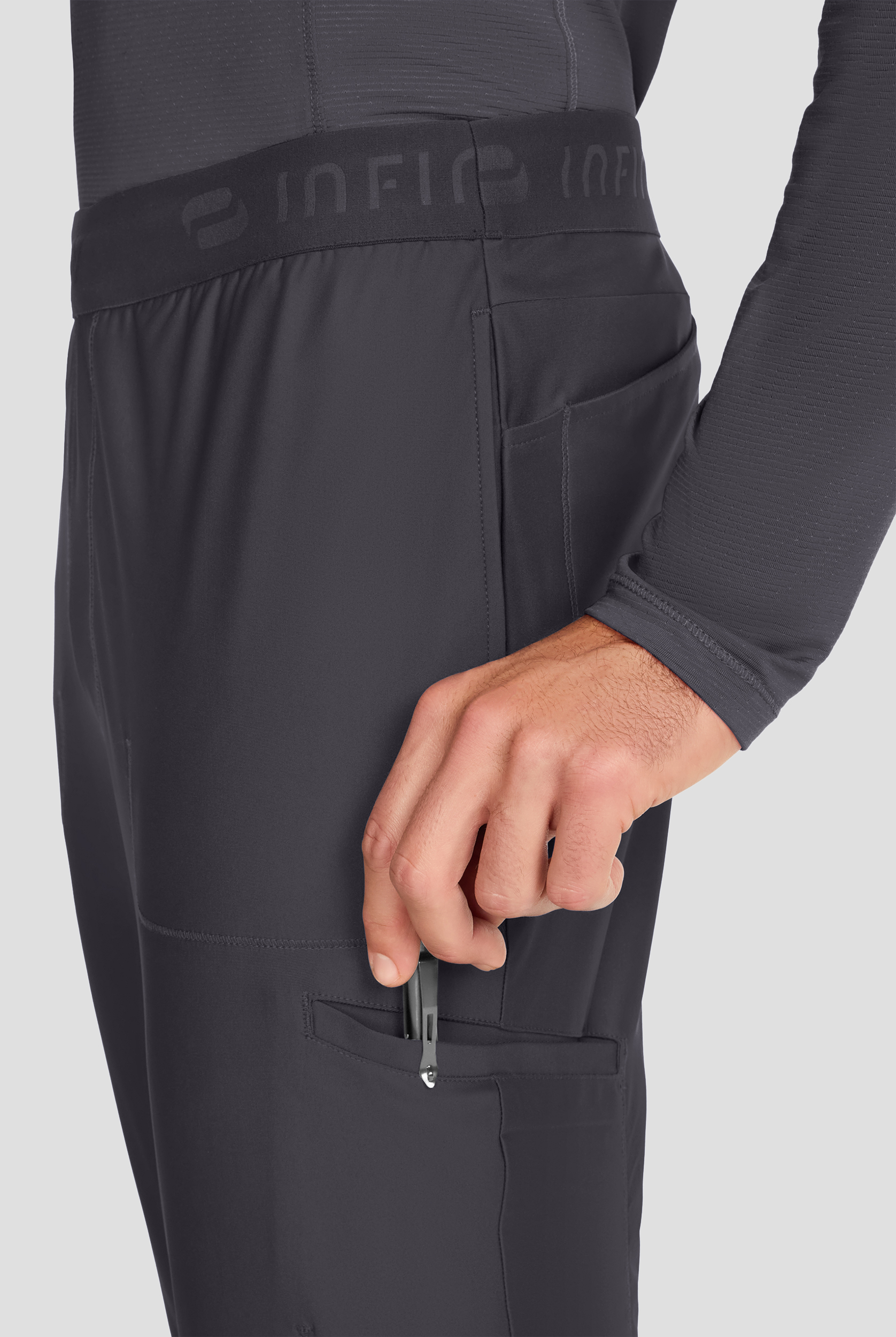 Infinity GNR8 Kinetic Knit Men's 6-Pocket STRETCH Logo Waistband Tapered Leg Cargo Scrub Pant