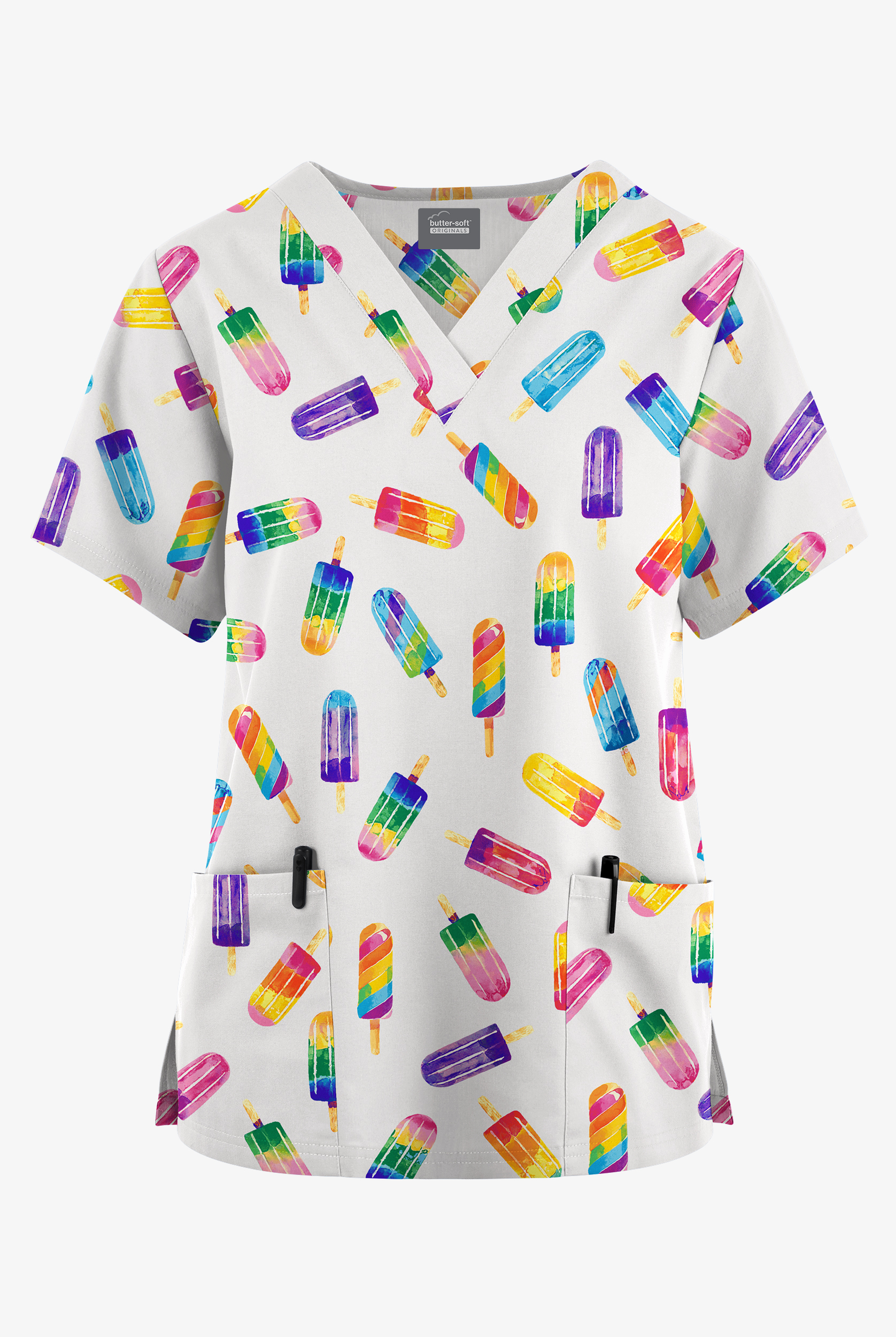 Butter-Soft Originals Rainbow Pops White Women's 2-Pocket V-Neck Print Scrub Top