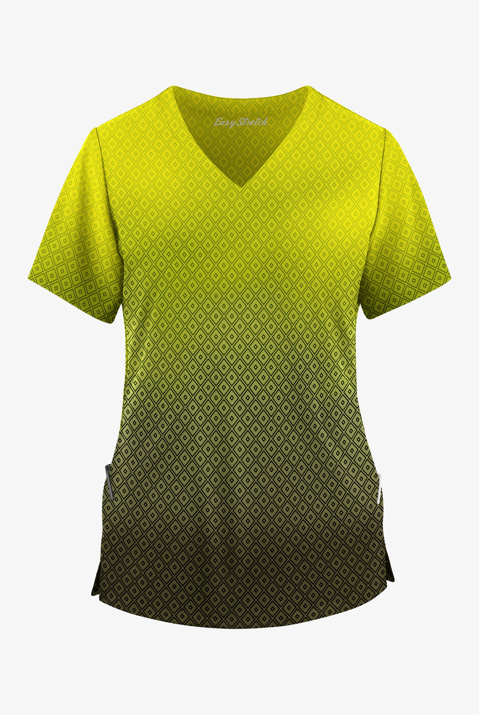 Easy STRETCH Geo Gradient Olive Leaf Women's 2-Pocket V-Neck Print Scrub Top