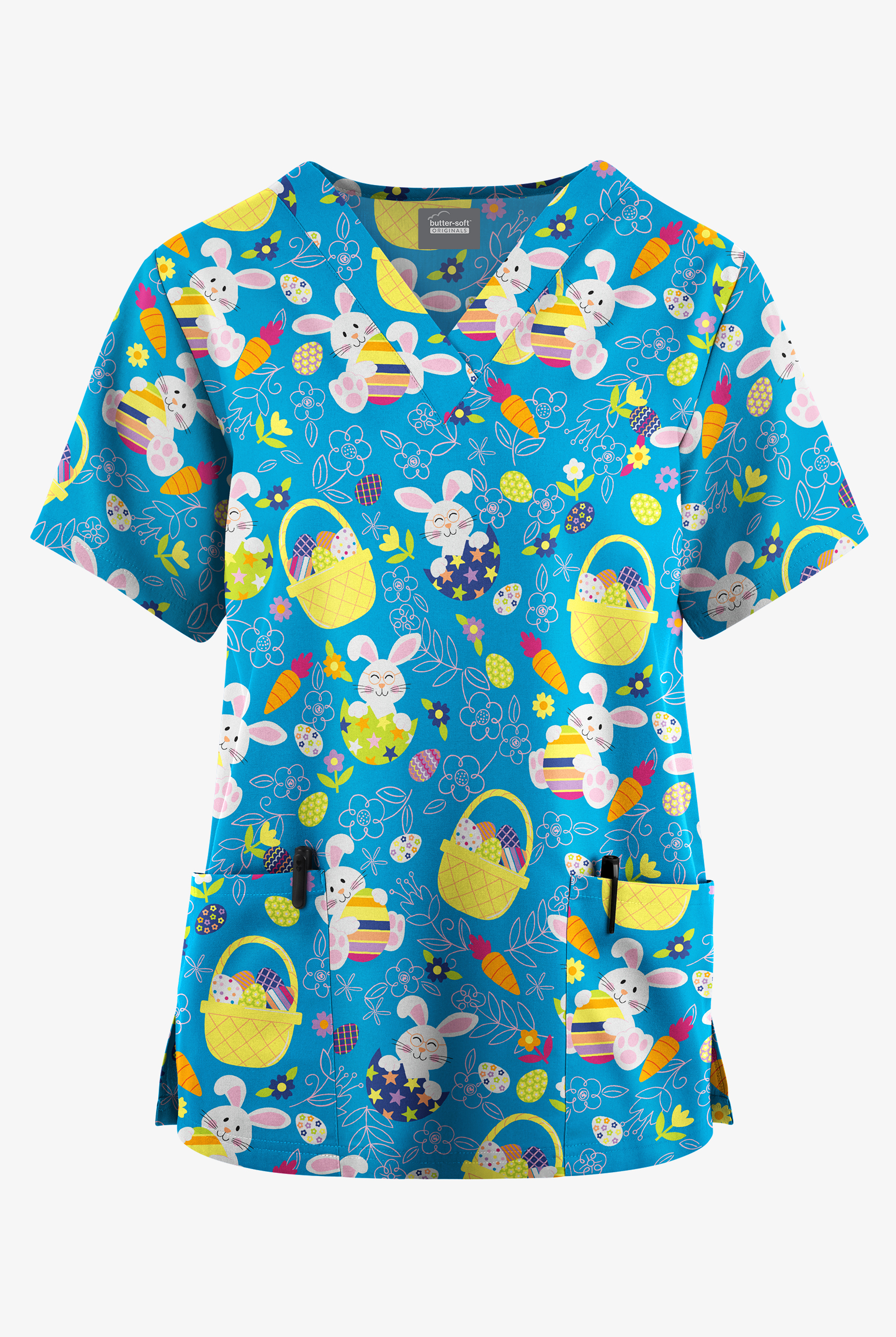 Blusa m&eacute;dica estampada Butter-Soft Originals Easter Basket Turquoise con cuello en V y 2 bolsillos para mujer