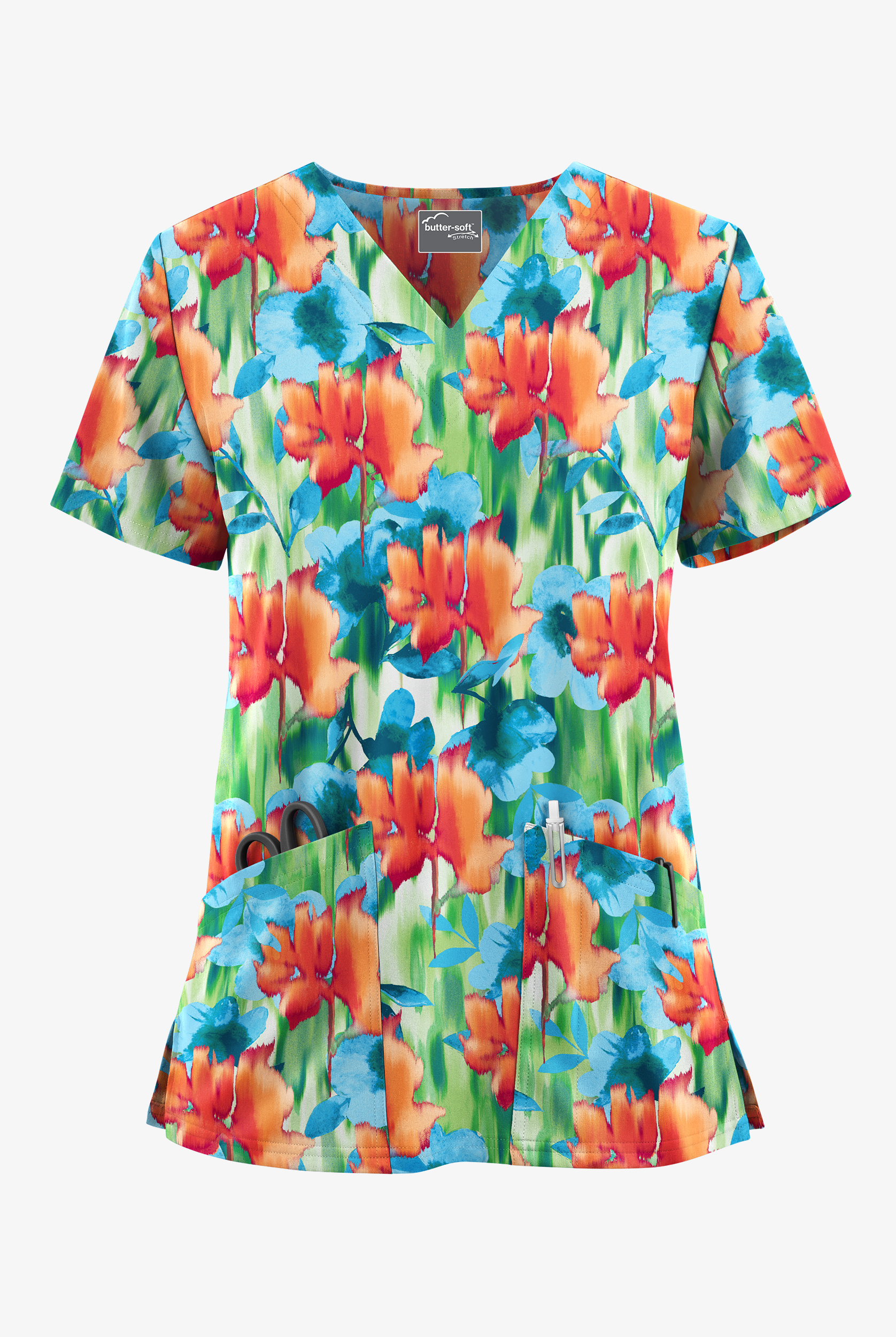 Butter-Soft STRETCH Valencia Ikat Caribbean Blue Women's 2-Pocket V-Neck Print Scrub Top