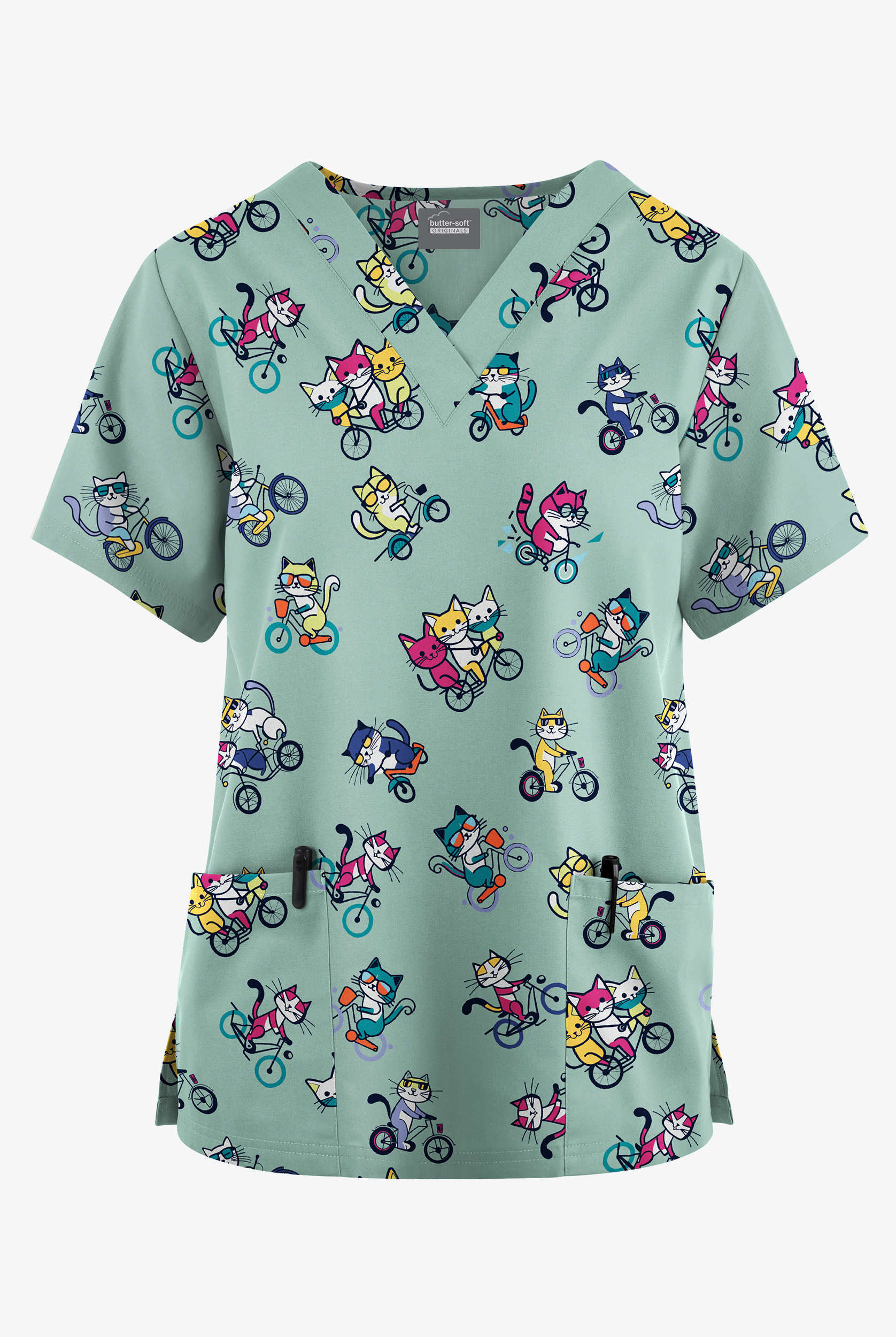 Butter-Soft Originals Meow On Wheels Salt Blue Women's 2-Pocket V-Neck Print Scrub Top