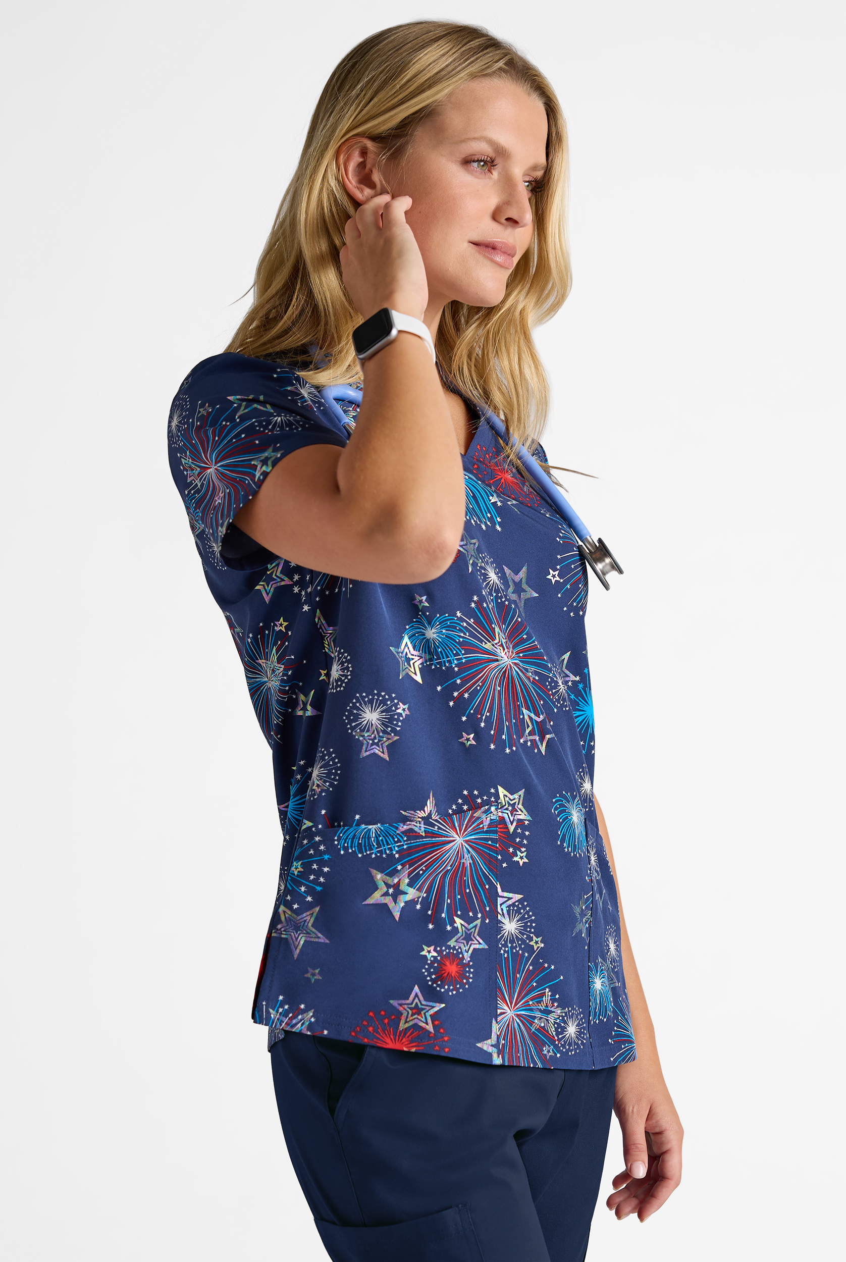 Butter-Soft STRETCH Shining Fourth Navy Women's 2-Pocket V-Neck Print Scrub Top
