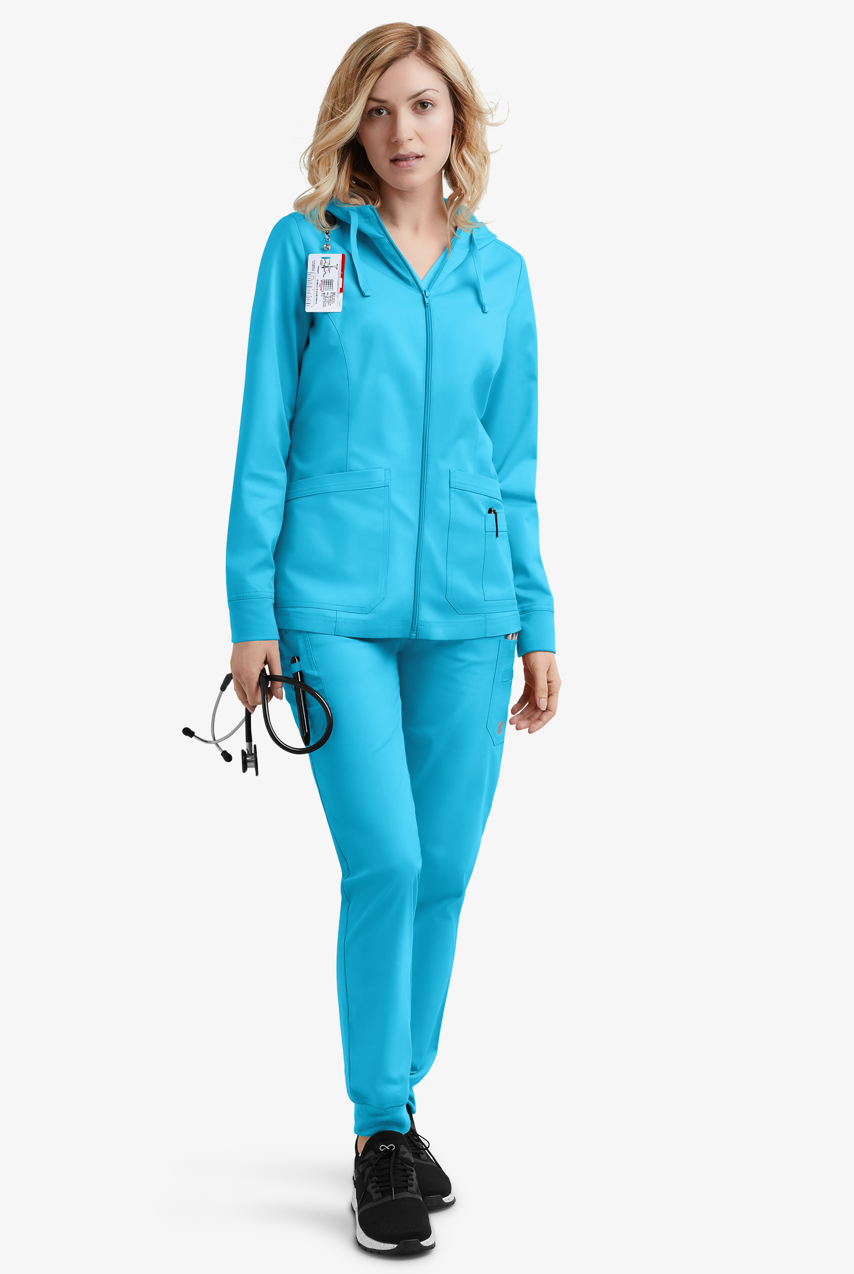 Butter-Soft STRETCH Women's 3-Pocket Zip-Front with Cozy Knit Hood and Trim Scrub Jacket