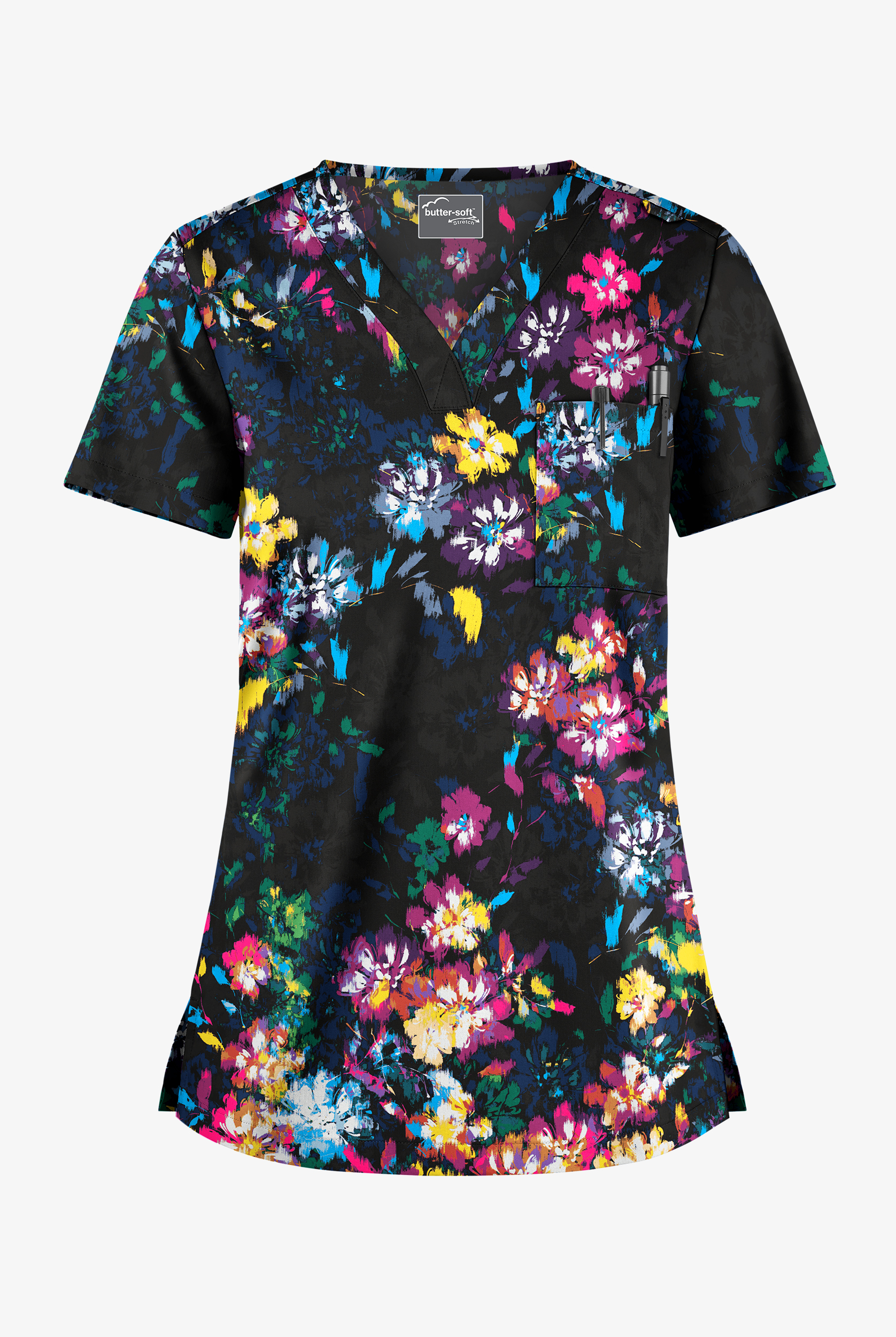 Butter-Soft STRETCH Renoir Floral Women's 1-Pocket Tuck-In V-Neck Print Scrub Top