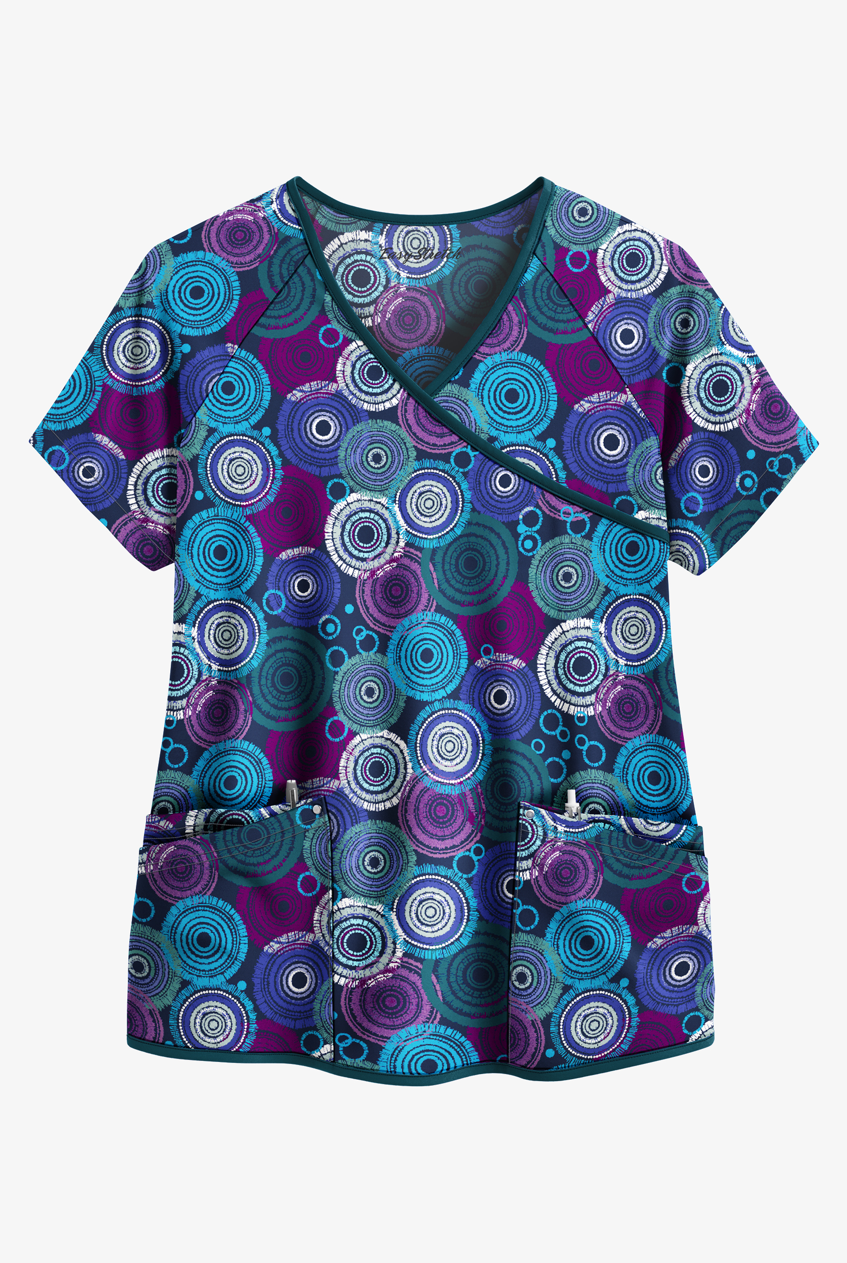 Easy STRETCH Mandala Tapestry Navy Women's Raglan 4-Pocket V-Neck Mock Wrap Print Scrub Top