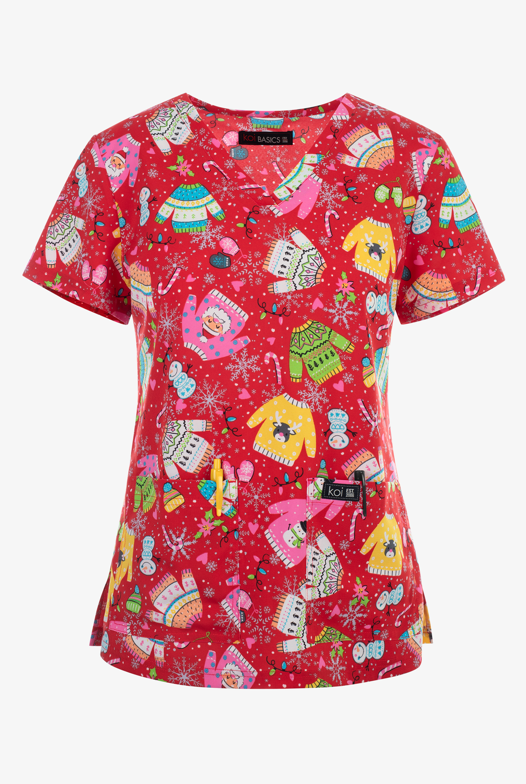 koi Basics Ugly Sweater Women's 2-Pocket STRETCH V-Neck Print Scrub Top