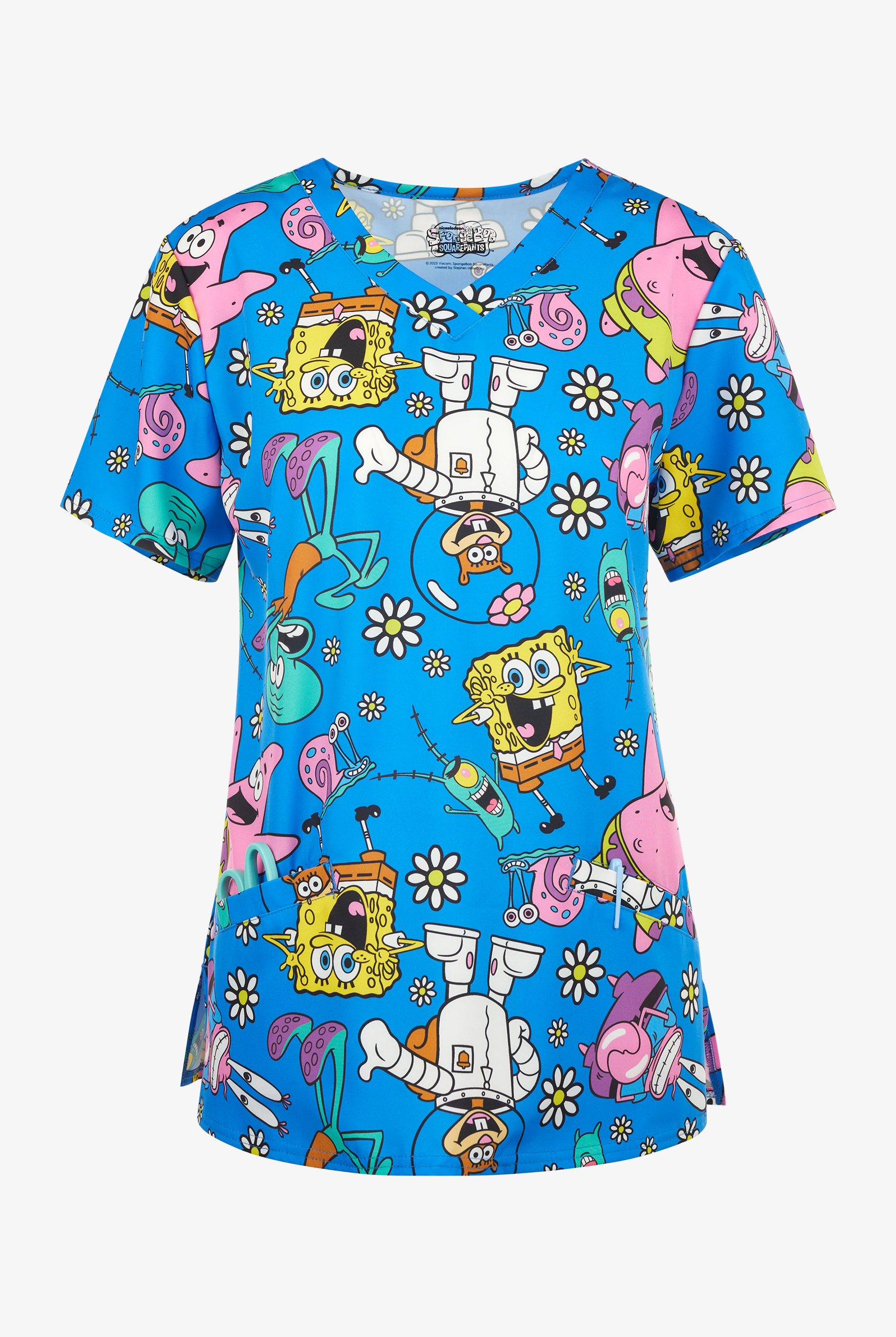 Spongebob Funscrubs Women's 2-Pocket STRETCH V-Neck Print Scrub Top