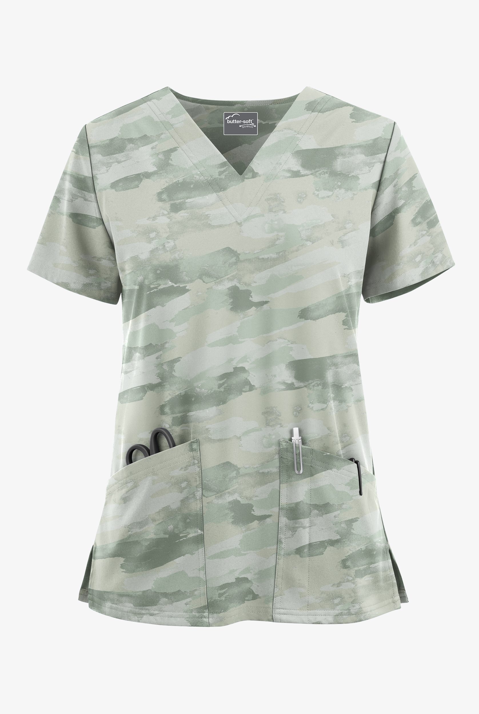 Butter-Soft STRETCH Marbled Camo Sage Green Women's 2-Pocket V-Neck Print Scrub Top