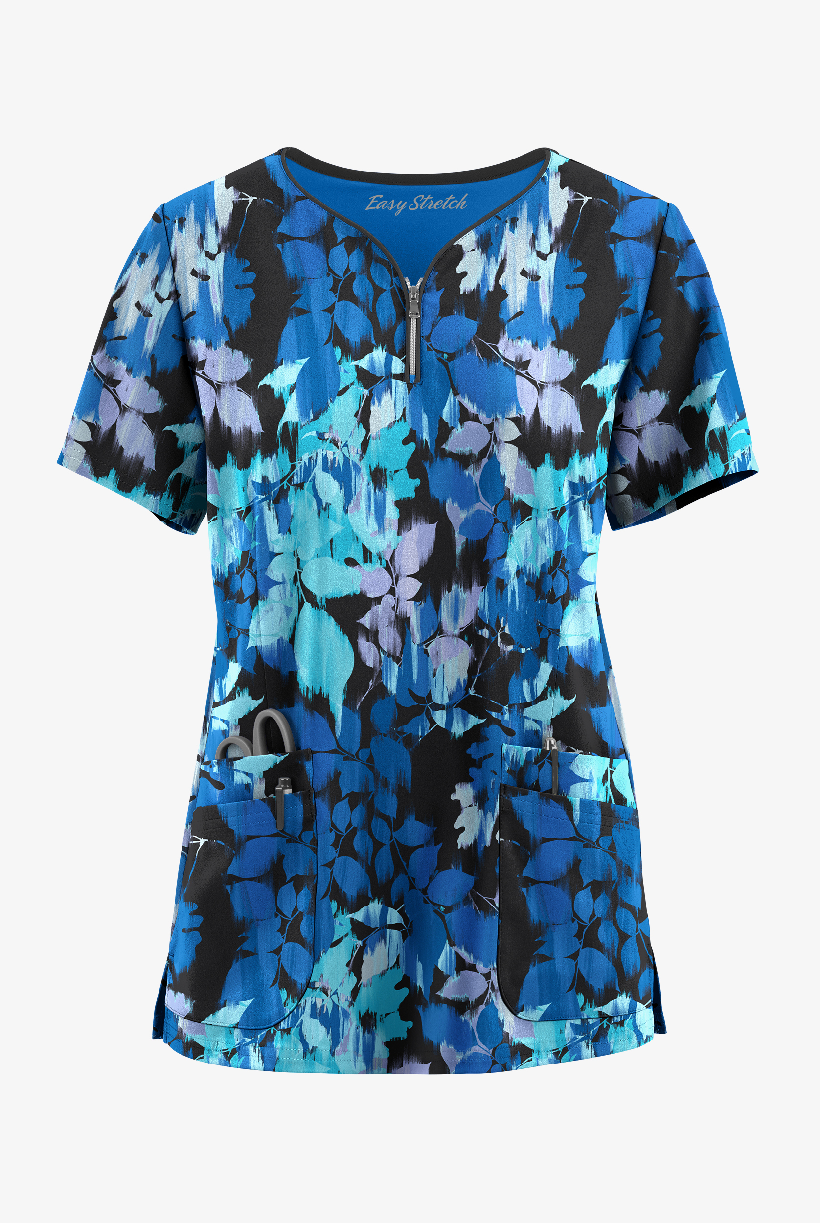 Easy STRETCH Magical Garden Women's 4-Pocket Zip Curved Neck Print Scrub Top
