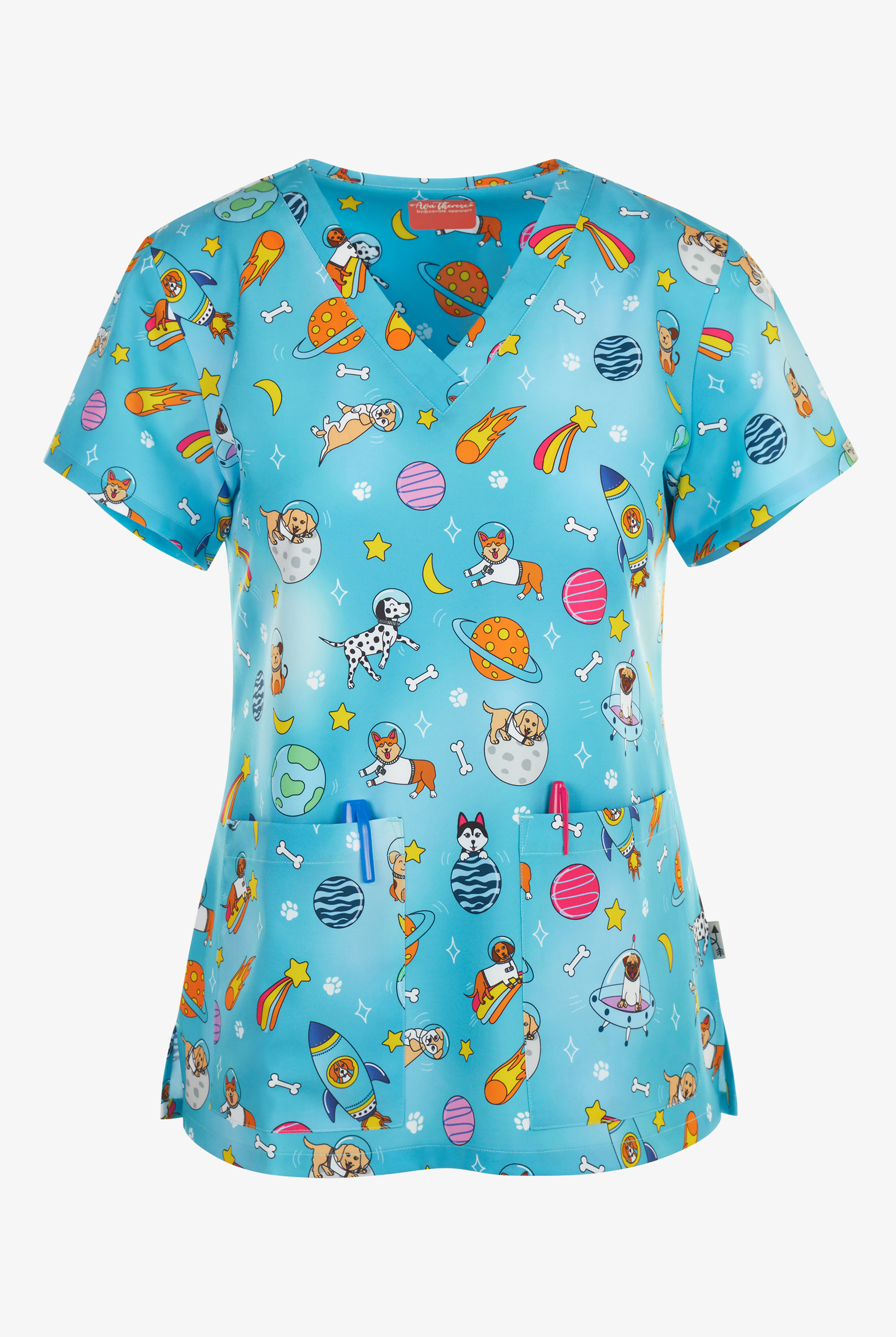 Zavate Ava Therese Galactic Pups Women's 2-Pocket STRETCH V-Neck Print Scrub Top