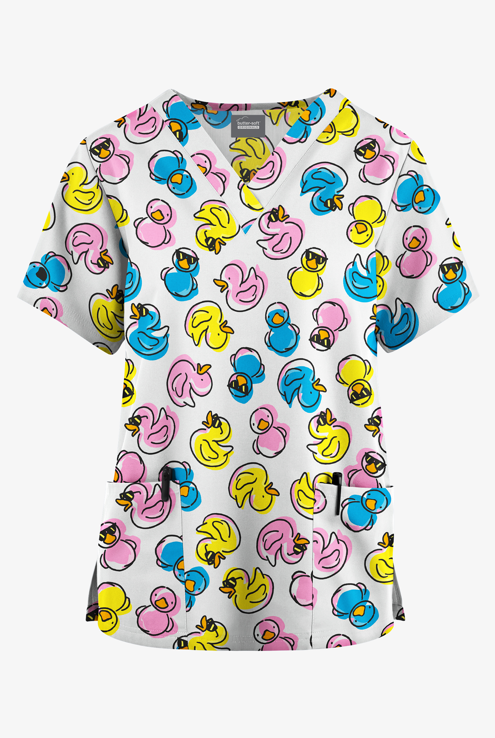 Butter-Soft Originals Lucy Duck White Women's 2-Pocket V-Neck Print Scrub Top